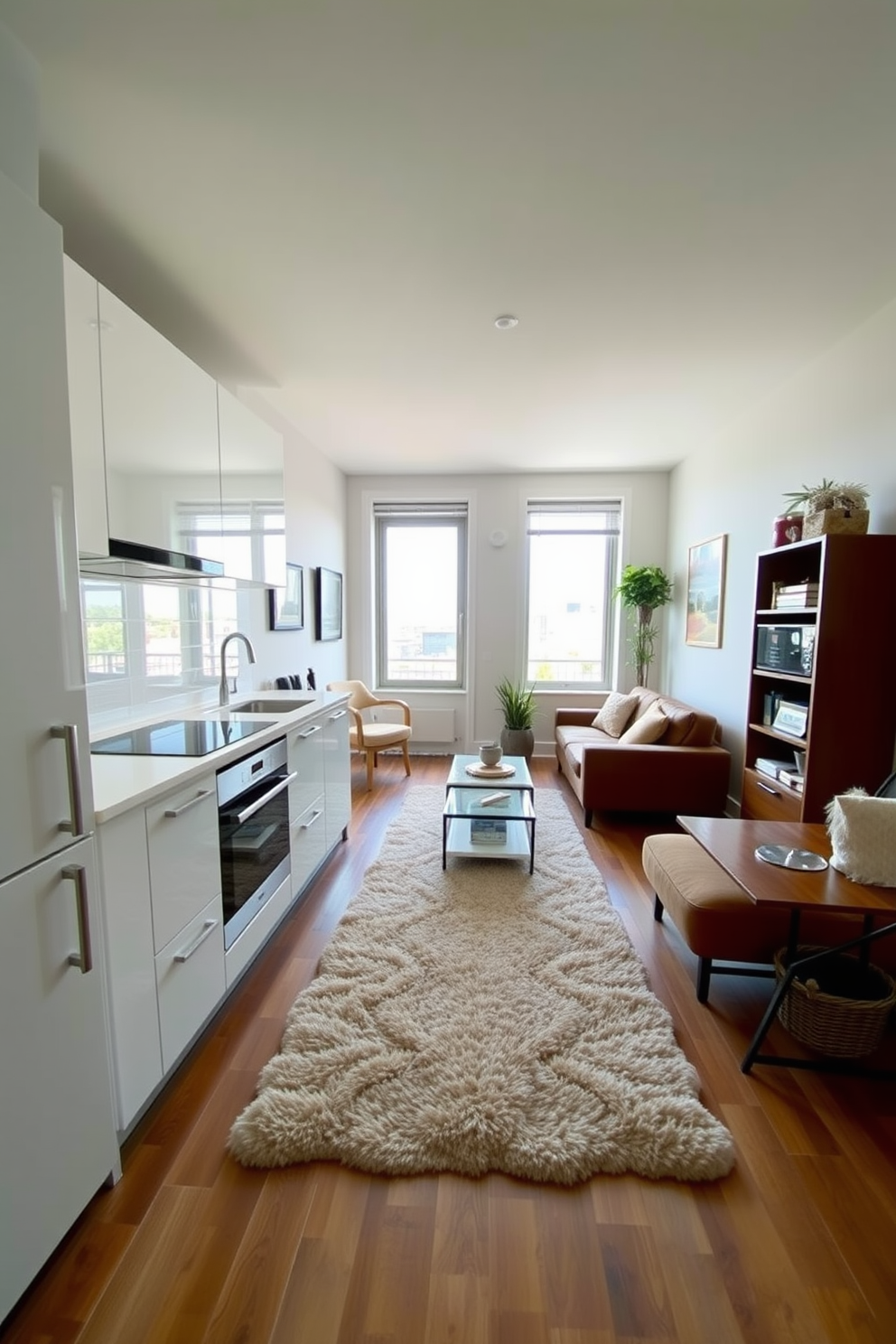 A small kitchen featuring integrated appliances seamlessly blends functionality and style. The cabinetry is finished in a glossy white, creating a bright and airy atmosphere. In the living room, a cozy seating arrangement is anchored by a plush area rug. Large windows allow natural light to flood the space, highlighting the warm tones of the furniture and decor.