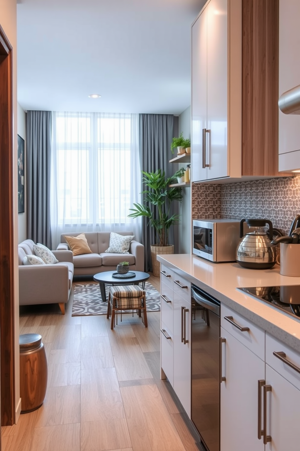 A small kitchen features a textured backsplash that adds visual interest with its intricate tile patterns. The living room is designed with a cozy seating arrangement, incorporating a mix of modern and vintage elements for a stylish yet inviting atmosphere.