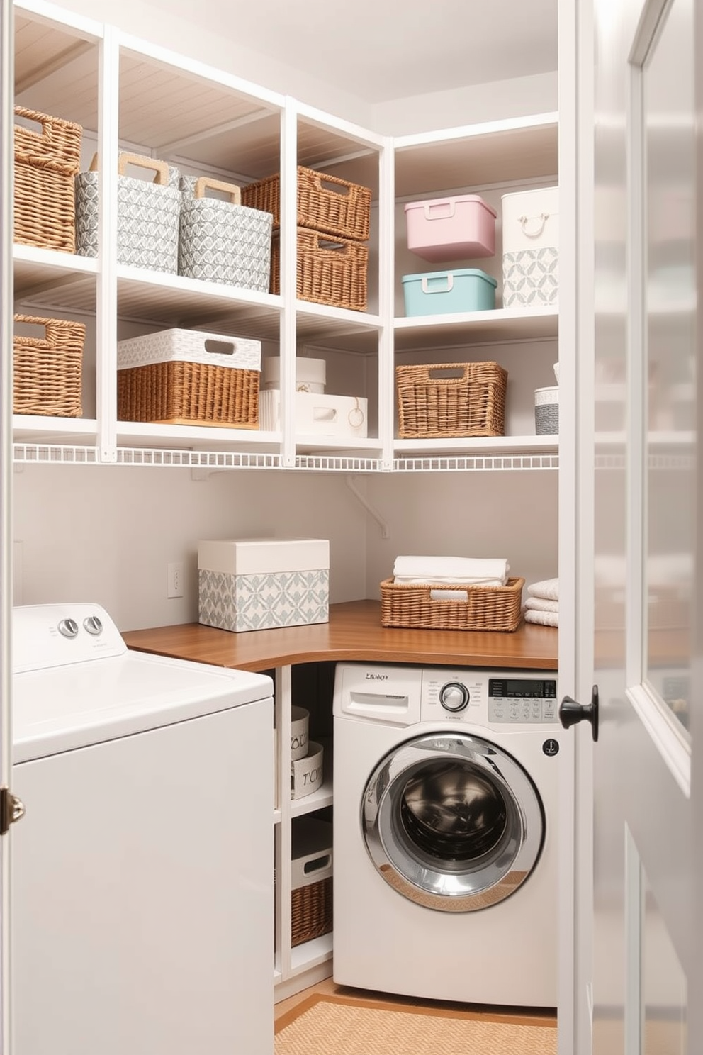 A small laundry room featuring floor-to-ceiling shelves that maximize vertical space. The shelves are filled with neatly organized baskets and decorative storage containers in soft pastel colors.