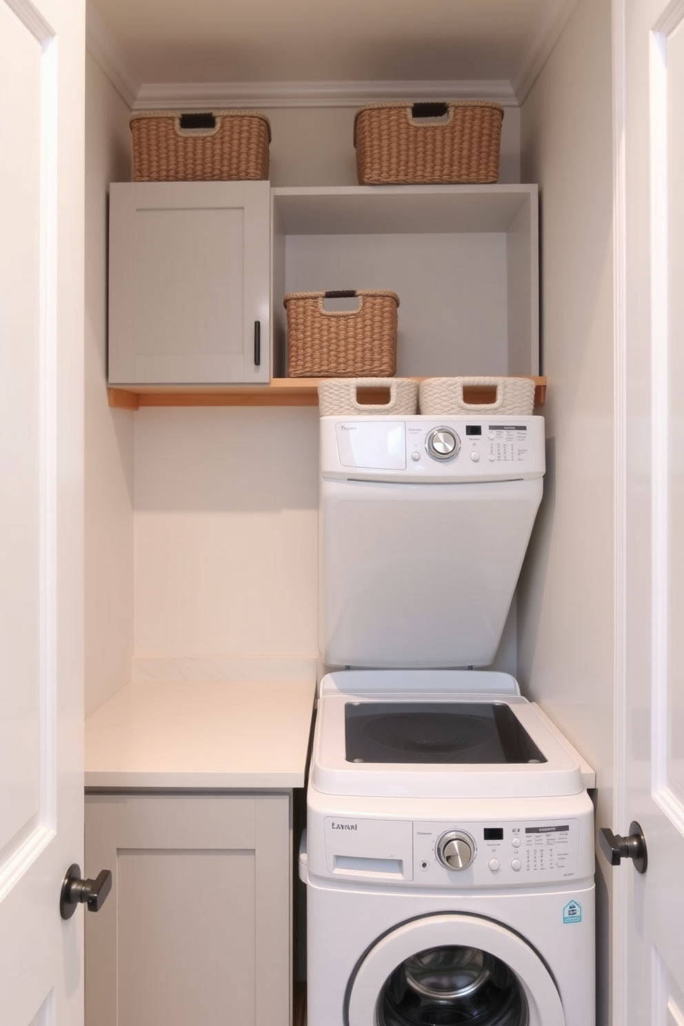 A small laundry room designed with a light color palette to enhance brightness. The walls are painted in soft white, complemented by light gray cabinetry and a sleek countertop. A stackable washer and dryer are neatly tucked into a corner, maximizing space efficiency. A small folding area is created with a wooden shelf above the appliances, adorned with decorative baskets for organization.