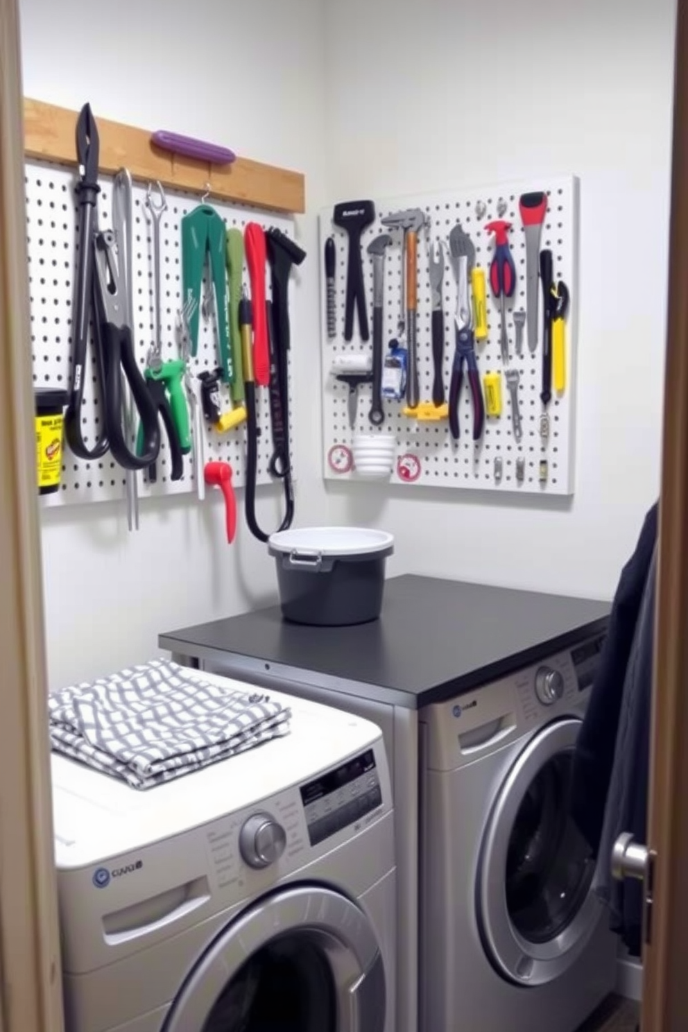 A small laundry room features a functional pegboard mounted on the wall, neatly organizing various tools and supplies. Below the pegboard, a compact countertop provides space for folding clothes, while a washer and dryer are tucked into a corner, maximizing the room's efficiency.