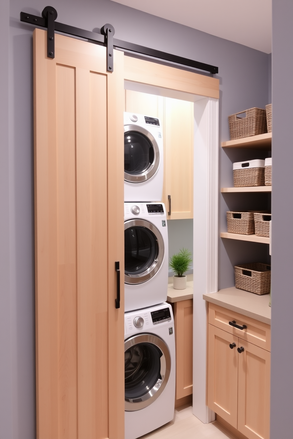 A small laundry room features a sliding barn door that opens to reveal a compact yet functional space. The room is designed with stacked washer and dryer units, surrounded by custom cabinetry in a light wood finish for optimal storage. The walls are painted in a soft blue hue, creating a calming atmosphere, while a sleek countertop provides a space for folding clothes. A small potted plant adds a touch of greenery, and stylish baskets are neatly arranged on shelves for organization.