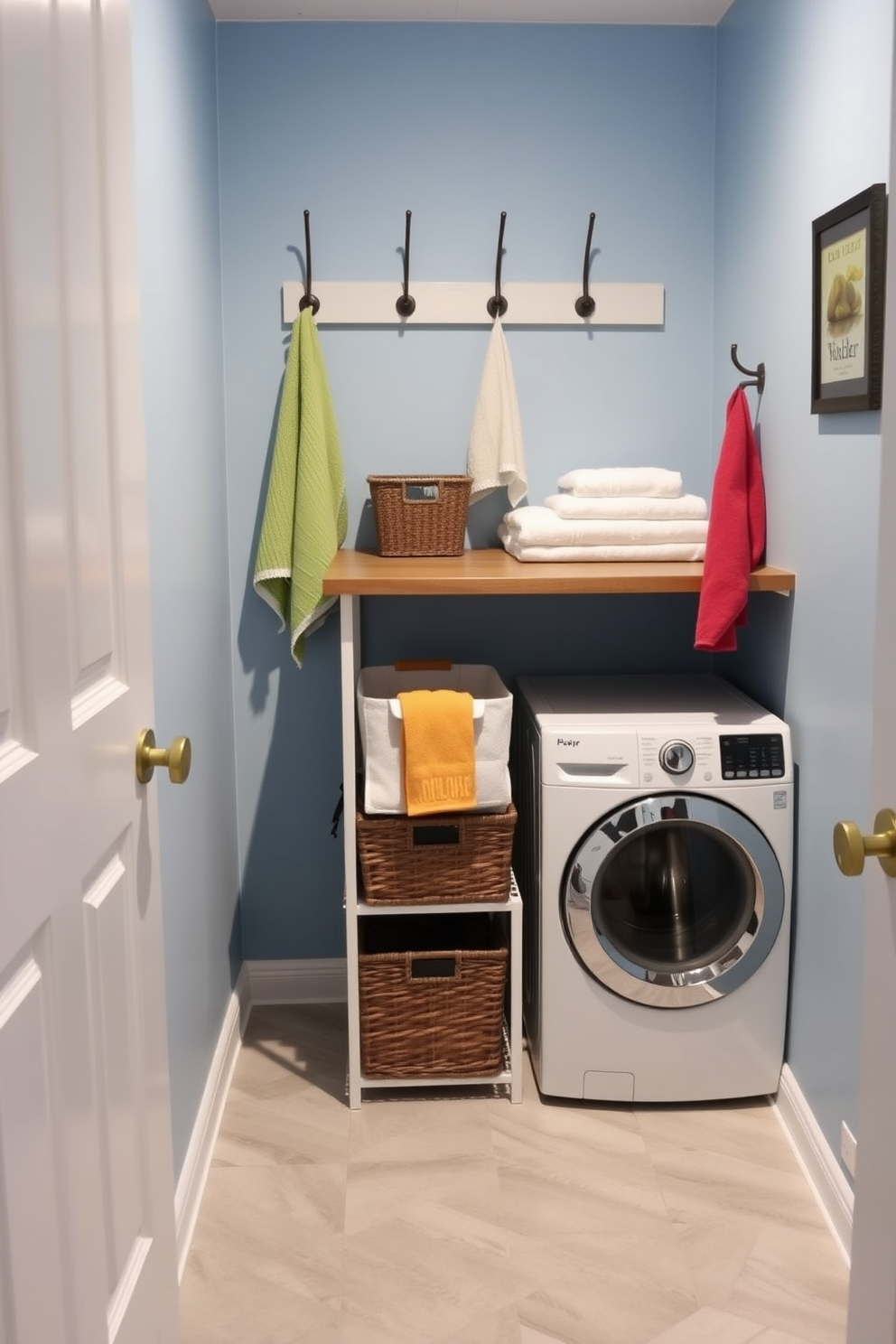 A cozy small laundry room featuring decorative hooks for hanging items. The walls are painted in a soft blue hue, and the floor is adorned with light gray tiles. A compact washer and dryer are neatly stacked with a wooden countertop above for folding clothes. Baskets for storage are placed underneath, and colorful towels are hung on the decorative hooks for easy access.