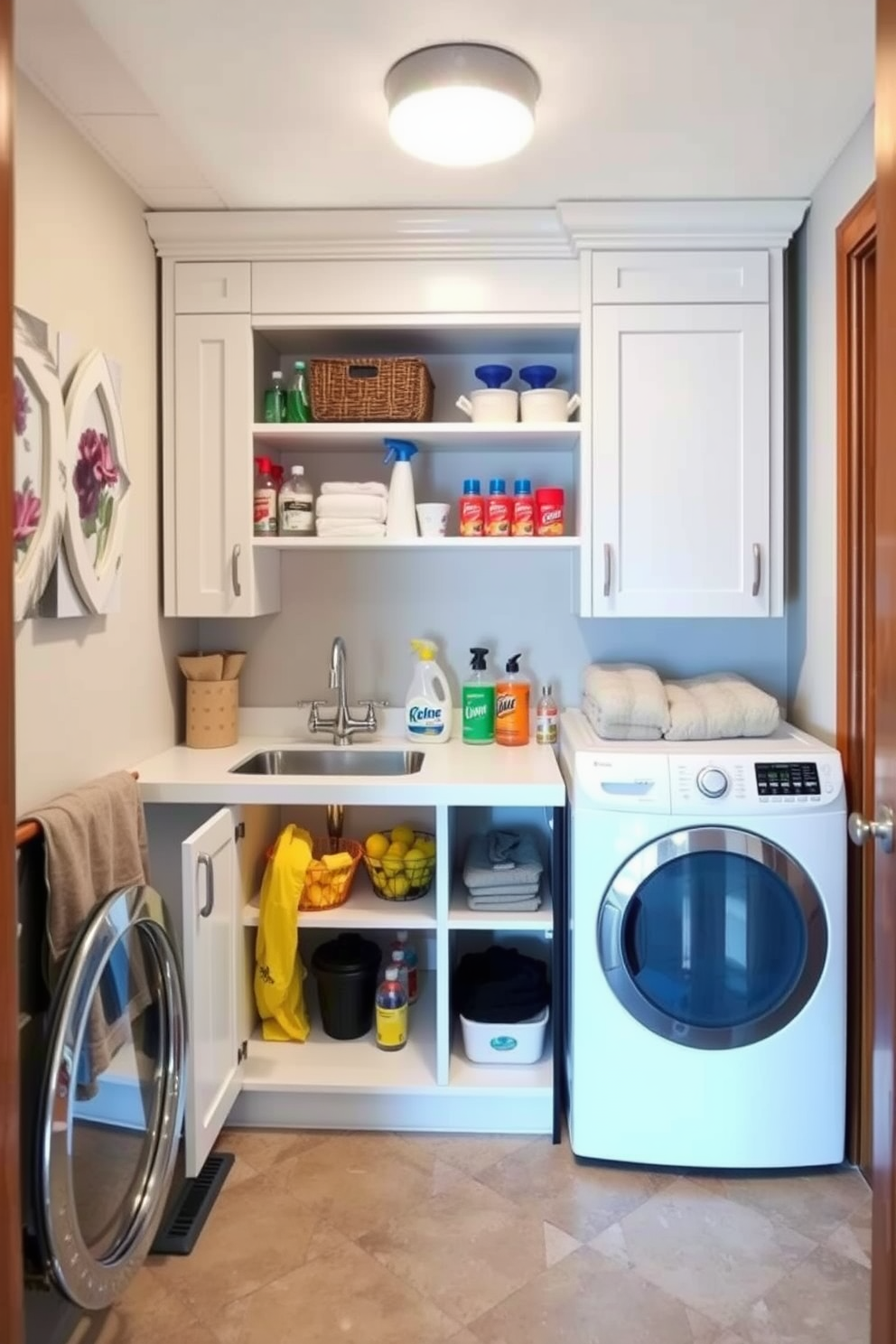 A small laundry room features efficient under-sink storage solutions that maximize space. The design includes cabinets and shelves that neatly organize cleaning supplies and laundry essentials.