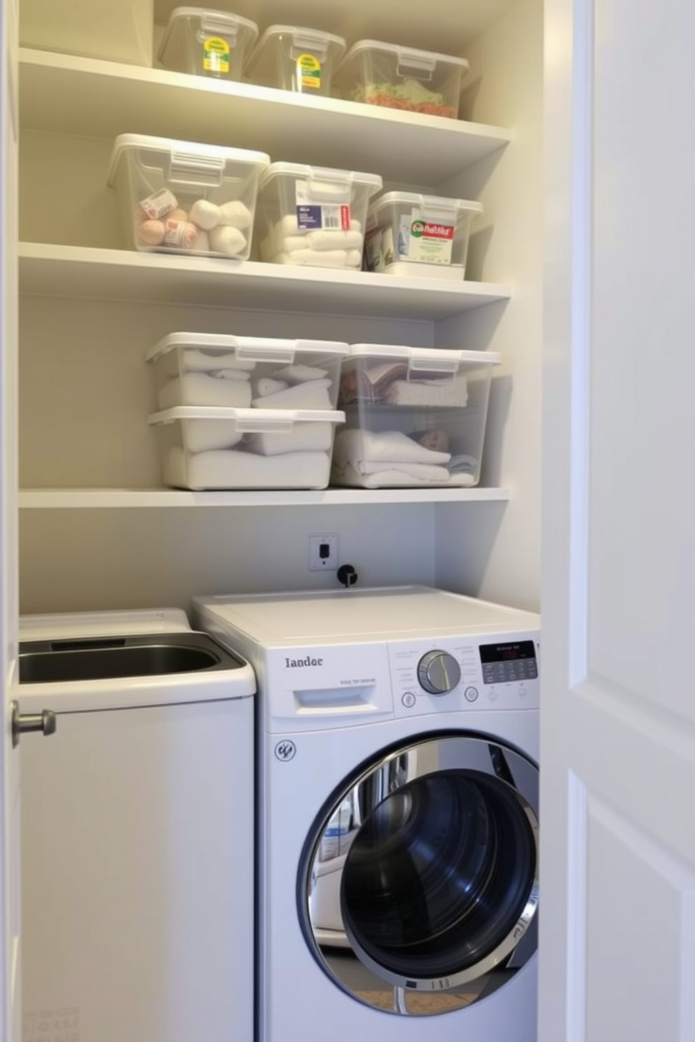 A small laundry room featuring clear containers for visibility. The space includes a compact washer and dryer stacked to maximize floor area, with open shelving above for easy access to supplies.