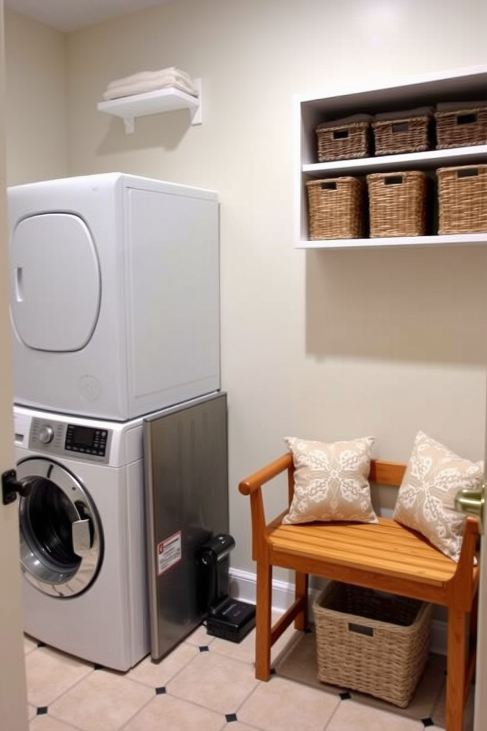 A cozy small laundry room features a compact washer and dryer stacked to save space. A small wooden bench is positioned against the wall, adorned with soft cushions for added comfort. The walls are painted in a light pastel color, creating an airy feel. Open shelving above the bench holds neatly folded towels and decorative storage baskets.