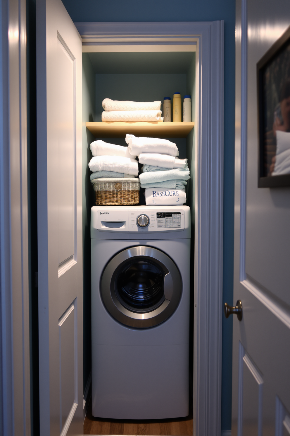 A cozy laundry nook tucked inside a closet features a compact washing machine and dryer stacked vertically. The walls are painted in a soft blue hue, and open shelving above holds neatly folded towels and laundry supplies. A small countertop provides space for sorting and folding clothes, adorned with a decorative basket for essentials. A subtle light fixture illuminates the area, creating a warm and inviting atmosphere.