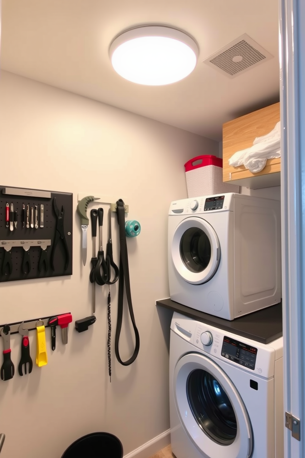 A compact laundry room featuring magnetic strips mounted on the wall for easy access to small tools and accessories. The space is illuminated by bright overhead lighting, with a sleek countertop for folding clothes and a stackable washer and dryer tucked neatly in the corner.