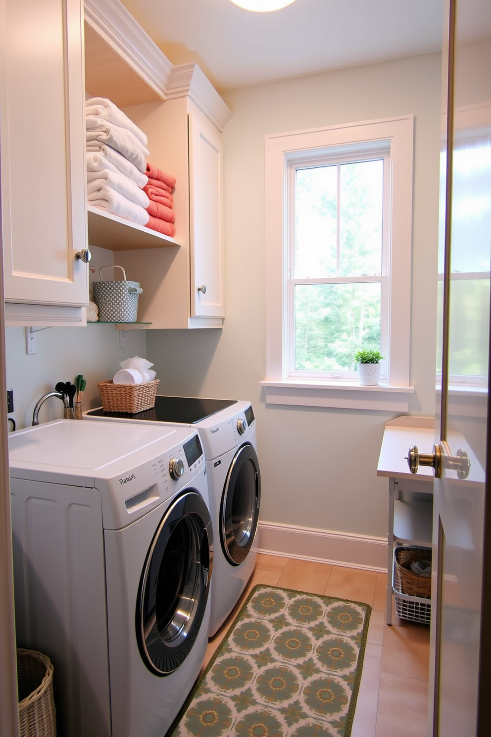 A cozy small laundry room features a compact washer and dryer neatly stacked against one wall. The space is brightened by light-colored cabinetry and a cheerful color palette, with a fun patterned rug placed in the center for comfort. Above the washer, open shelving displays neatly folded towels and laundry supplies. A small folding station is set up beside a window, allowing natural light to illuminate the room.