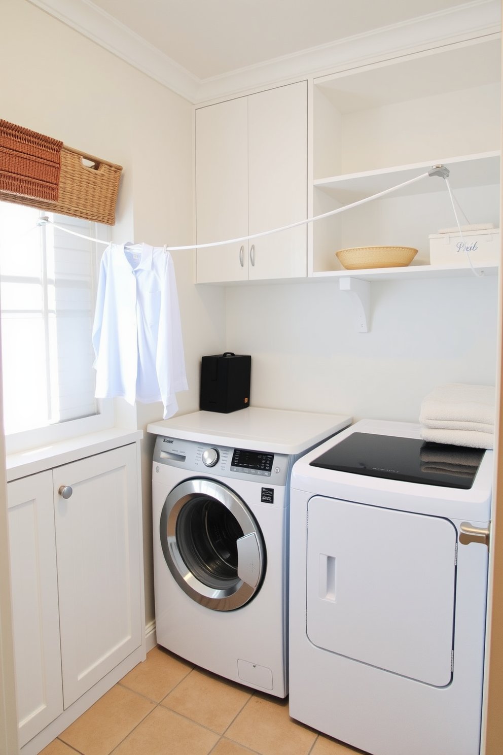 A small laundry room features a retractable clothesline mounted on the wall, providing an efficient solution for drying clothes. The space is organized with built-in shelving and a compact washer and dryer, complemented by a light color palette that enhances the room's brightness.