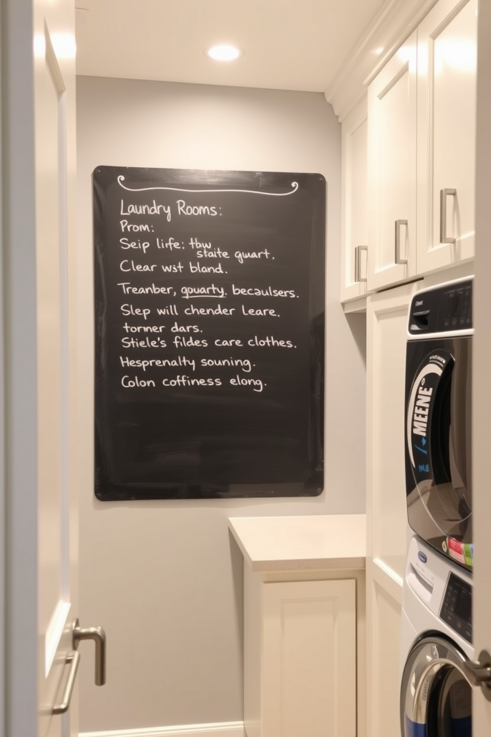 A small laundry room featuring a chalkboard on the wall for reminders. The space includes white cabinetry with sleek handles and a countertop for folding clothes.