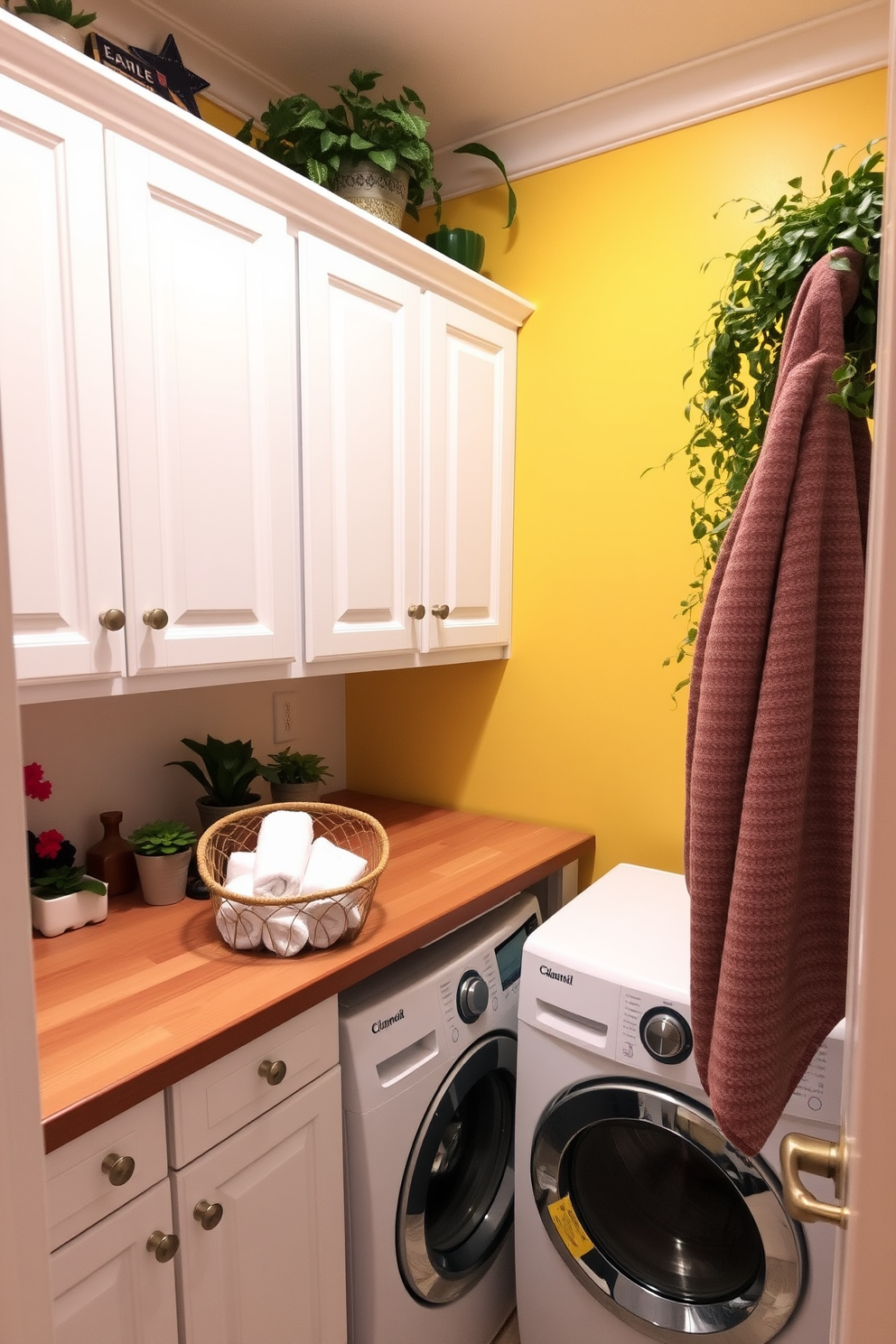 A cozy small laundry room with bright white cabinetry and a cheerful yellow accent wall. A compact washer and dryer are neatly stacked in the corner, surrounded by potted plants that add a touch of freshness and vibrancy. A wooden countertop extends over the appliances, providing space for folding clothes and organizing laundry supplies. A decorative basket filled with rolled towels sits on the countertop, enhancing the room's functionality and charm.