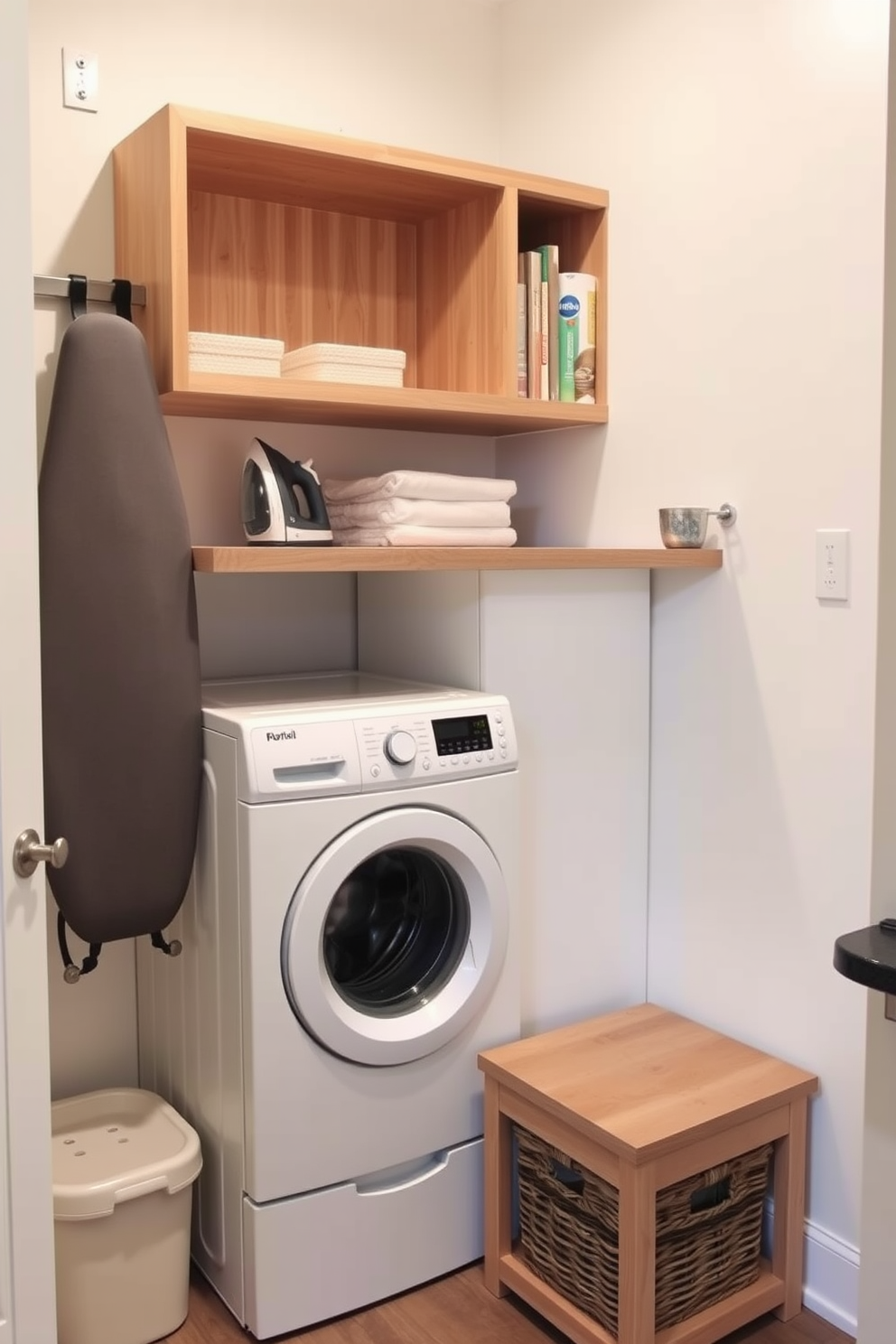 A small laundry room featuring multi-functional furniture that maximizes space efficiency. There is a compact washer and dryer stacked vertically, with a fold-down ironing board mounted on the wall beside them. A sleek countertop extends over the appliances, providing additional workspace for sorting and folding laundry. Shelving above the countertop offers storage for laundry supplies, while a small bench below serves as a seating area and storage for baskets.