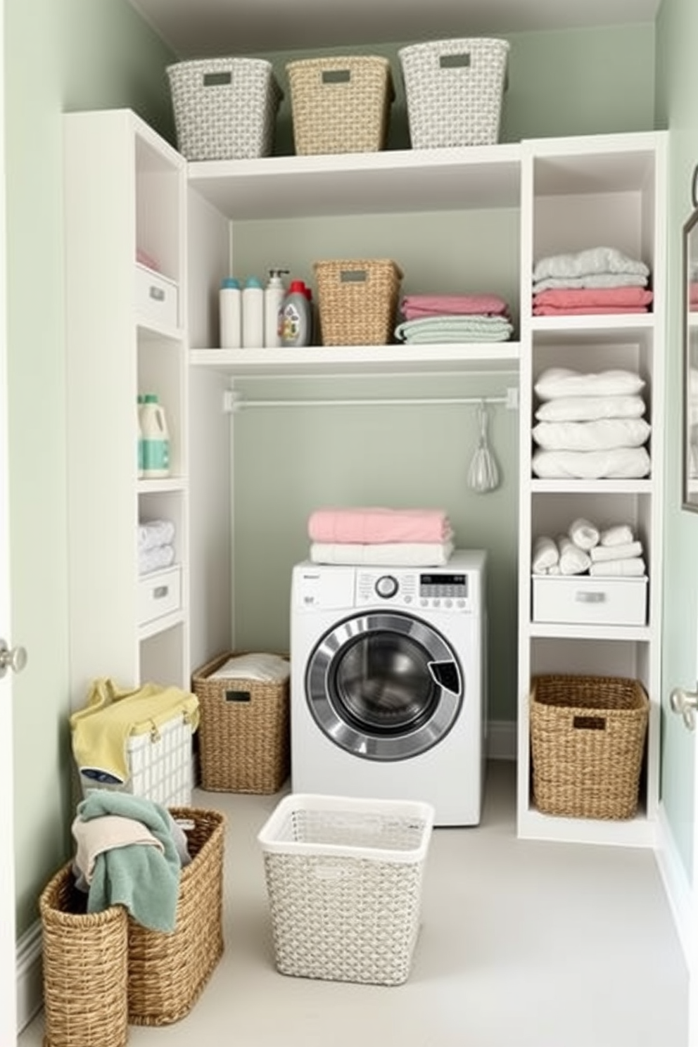 A small laundry room designed with a color-coded sorting system. The walls are painted in soft pastel shades, creating a cheerful and organized atmosphere. Incorporate open shelving for easy access to laundry supplies, with each shelf designated for a specific color category. A compact folding table is placed in the center, surrounded by stylish baskets for sorting clothes.