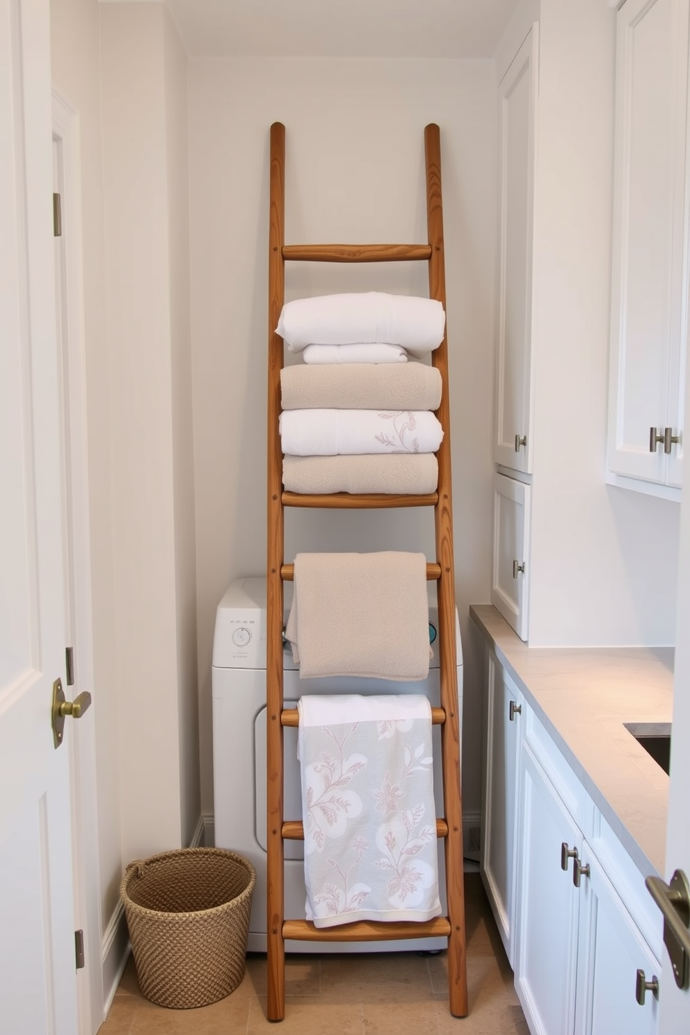 A cozy small laundry room featuring a decorative wooden ladder leaning against the wall to hold neatly folded towels. The space is brightened by soft white cabinetry and a light gray countertop, complemented by a stylish backsplash in a subtle geometric pattern.