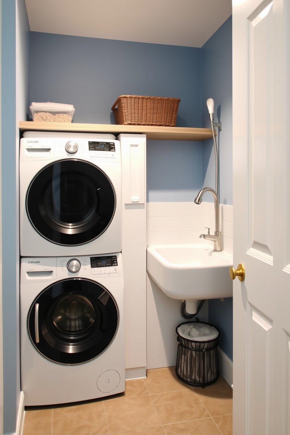 A small laundry room design featuring a built-in pet washing station. The space includes a compact washer and dryer stacked against one wall, with a stylish countertop above for folding clothes. Adjacent to the laundry appliances, there is a dedicated pet washing area with a deep sink and a handheld showerhead. The walls are painted in a soft blue tone, and the floor is covered with durable, water-resistant tiles.