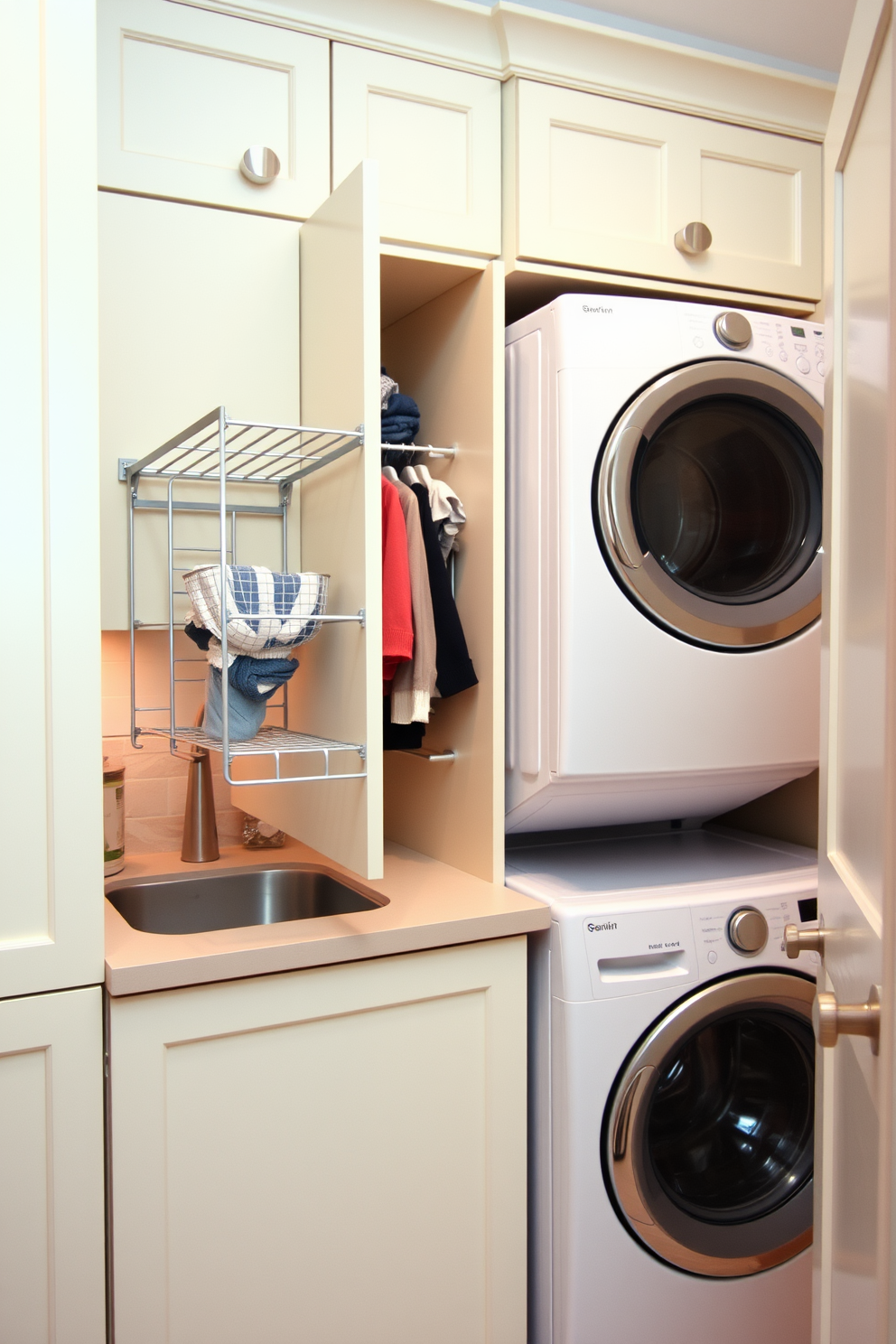 A cozy laundry room featuring a compact design with light-colored cabinetry and a pull-out drying rack integrated into the cabinetry. The space includes a countertop for folding clothes, and a washer and dryer stacked to maximize floor space, complemented by soft, ambient lighting.