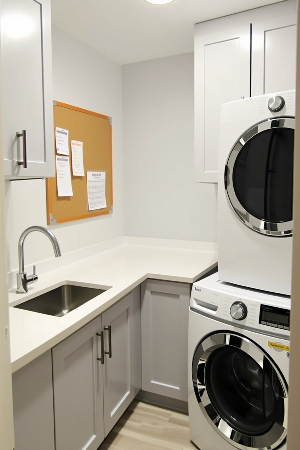 A small laundry room designed for efficiency and organization. The space features a sleek white countertop with a built-in sink and modern faucet, complemented by light gray cabinetry for ample storage. On one wall, a large bulletin board is mounted to keep important notes and schedules visible. The floor is adorned with durable vinyl tiles in a subtle pattern, while a stackable washer and dryer fit snugly in the corner, maximizing the available space.