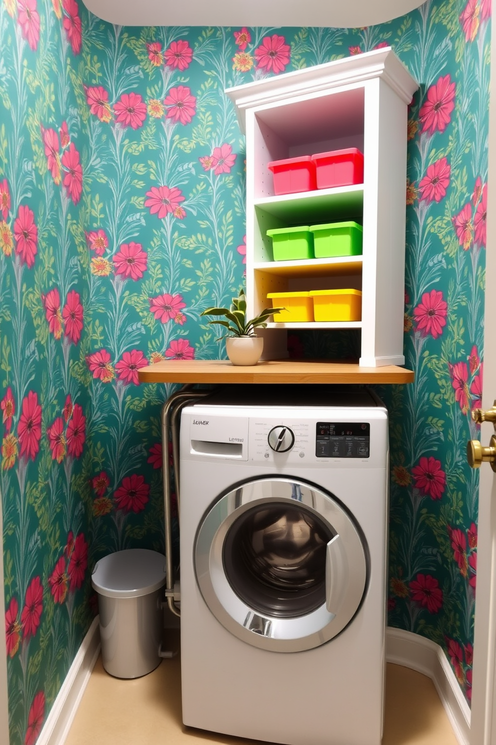 A small laundry room with vibrant, colorful wallpaper that adds personality to the space. The room features a compact washer and dryer stacked with a wooden countertop above for folding clothes. Brightly colored storage bins are neatly organized on open shelves, complementing the wallpaper. A small potted plant sits on the countertop, bringing a touch of greenery to the cheerful environment.