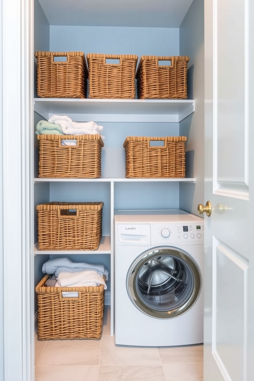 A small laundry room design featuring wicker baskets for organized laundry sorting. The walls are painted in a soft blue hue, and the floor is adorned with light-colored tiles for a fresh look.