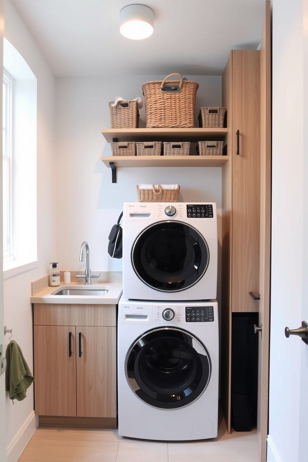 A small laundry room featuring a compact sink for handwashing is designed with efficiency in mind. The walls are painted in a soft white hue, and the cabinetry is sleek and modern with a light wood finish. A stackable washer and dryer are positioned next to the sink, maximizing floor space. Decorative storage baskets are neatly arranged on open shelving above the appliances, adding both functionality and style.