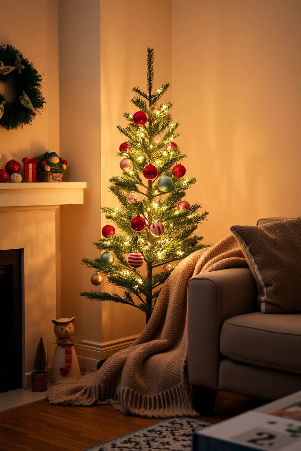 A charming miniature Christmas tree sits atop a stylish side table, adorned with twinkling lights and colorful ornaments. The small living room features cozy decor, with festive throw pillows and a warm blanket draped over the sofa, creating a welcoming holiday atmosphere.