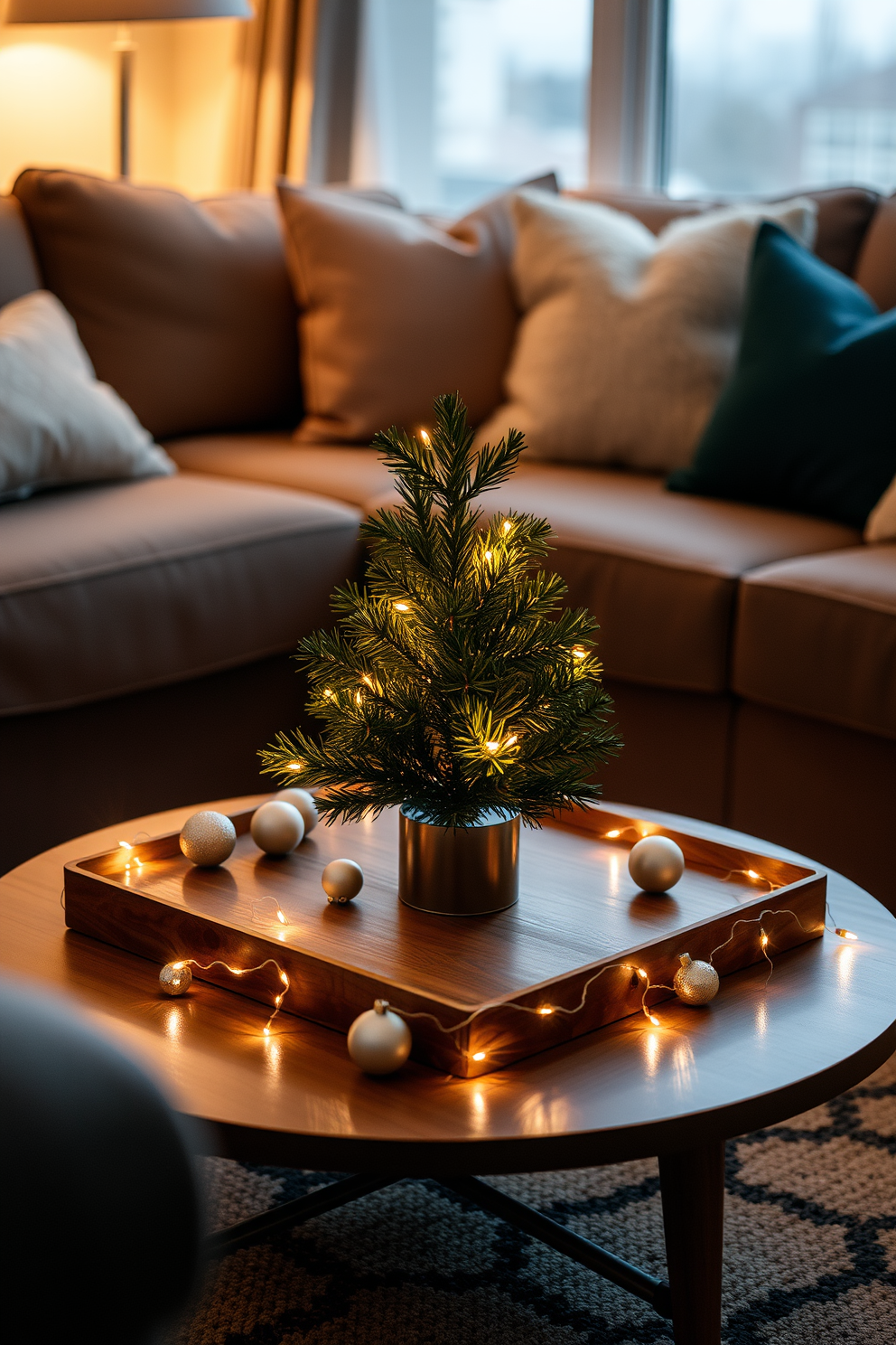 A cozy small living room decorated for Christmas features a decorative basket filled with colorful ornaments placed near the fireplace. The room is adorned with twinkling fairy lights draped across the mantel, creating a warm and inviting atmosphere.