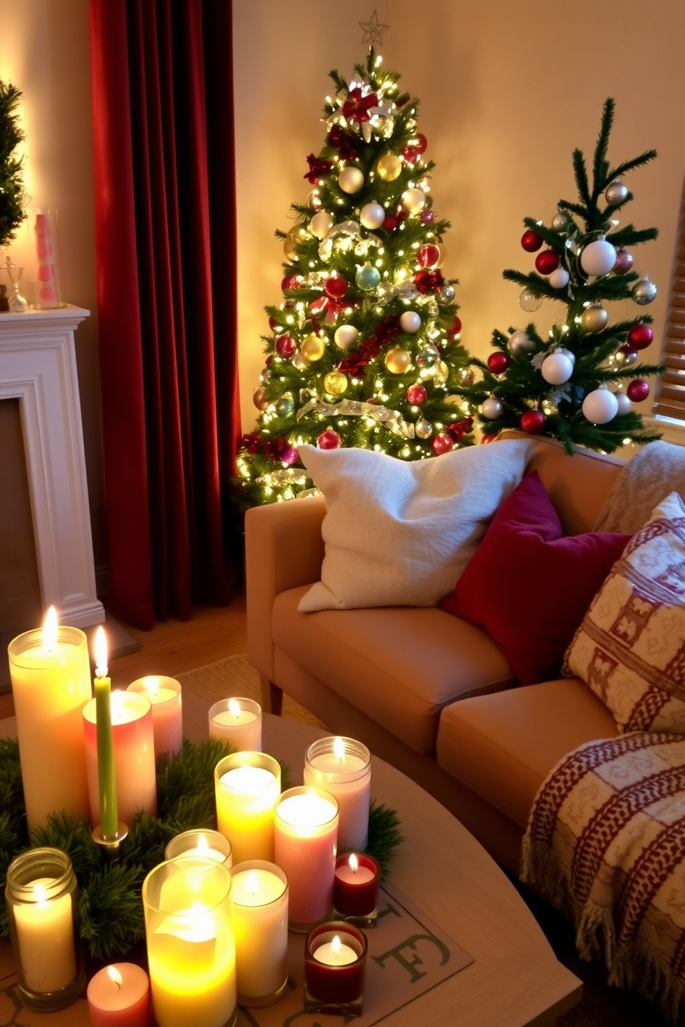 A cozy small living room adorned for Christmas features a warm color palette with rich reds and deep greens. The ceiling is decorated with delicate paper snowflakes that gently sway, creating a whimsical atmosphere. A beautifully arranged Christmas tree stands in the corner, adorned with twinkling lights and colorful ornaments. Plush throw blankets and festive cushions are scattered on the sofa, inviting relaxation and holiday cheer.