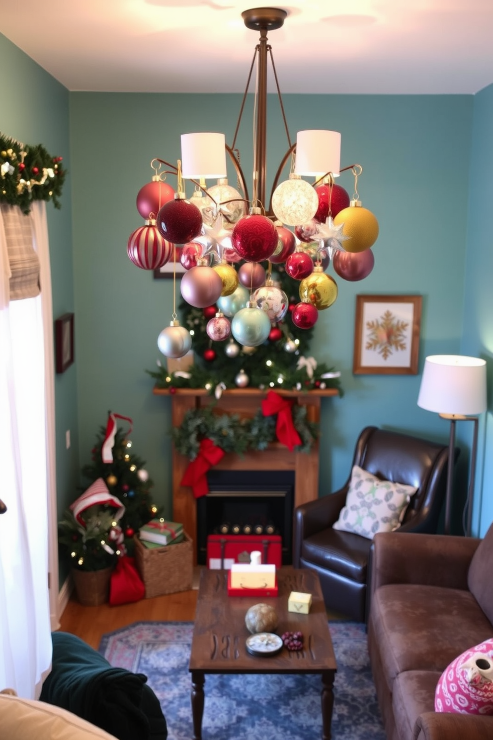 A charming small holiday village display is set up on a rustic wooden table. The village features quaint houses with colorful roofs, twinkling lights, and miniature trees dusted with snow. In the small living room, festive decorations bring warmth and cheer. A cozy sofa is adorned with red and green throw pillows, while a beautifully decorated Christmas tree stands in the corner, twinkling with ornaments and lights.