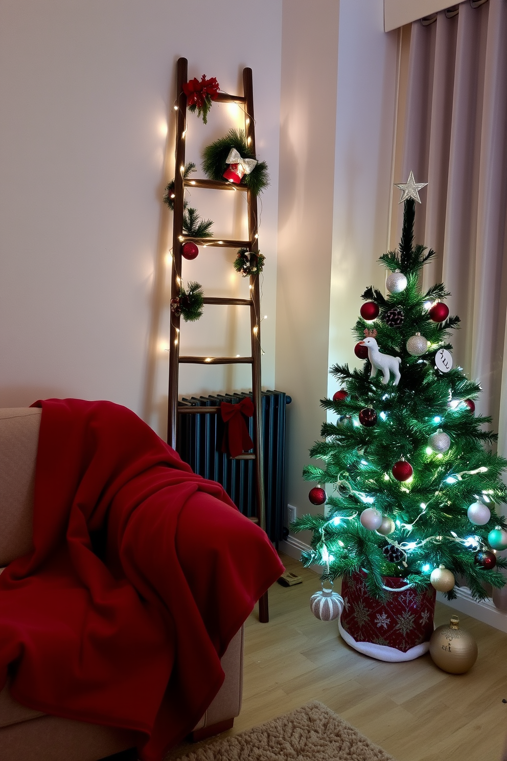 A cozy small living room adorned for Christmas features a decorative ladder leaning against the wall, adorned with festive ornaments and twinkling fairy lights. A plush sofa is draped with a soft red throw blanket, and a small tree sits in the corner, decorated with handmade ornaments and a star on top.