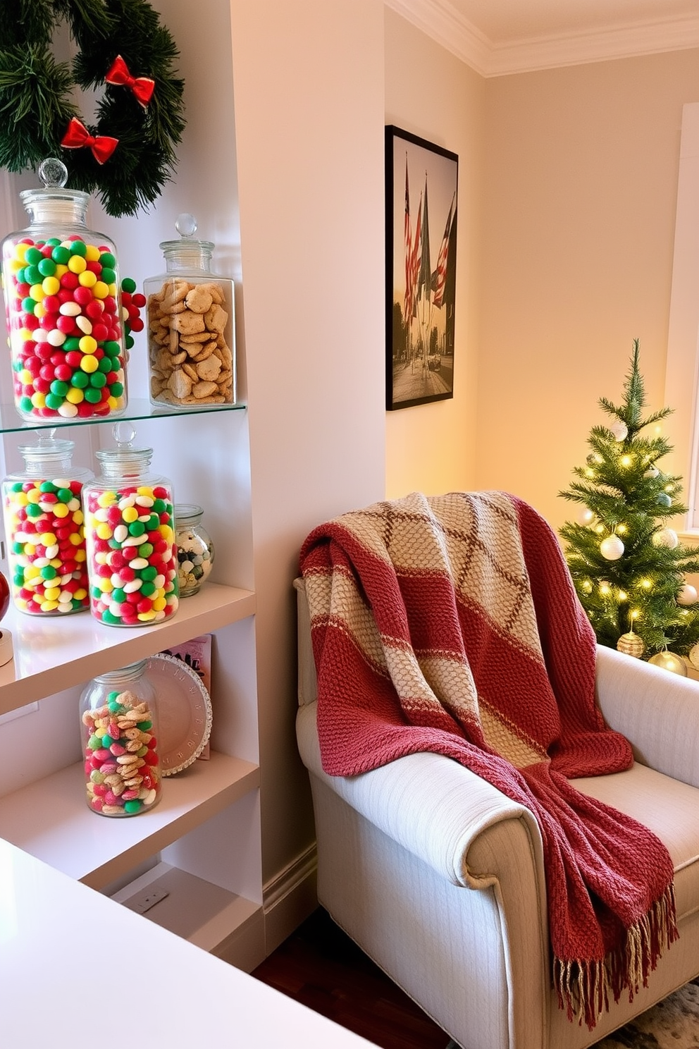 Fill glass jars with holiday treats. Arrange colorful candies, cookies, and festive snacks in clear jars to create a cheerful display. In the small living room, drape a cozy throw blanket over a plush armchair. Add twinkling fairy lights and a small Christmas tree to enhance the festive atmosphere.