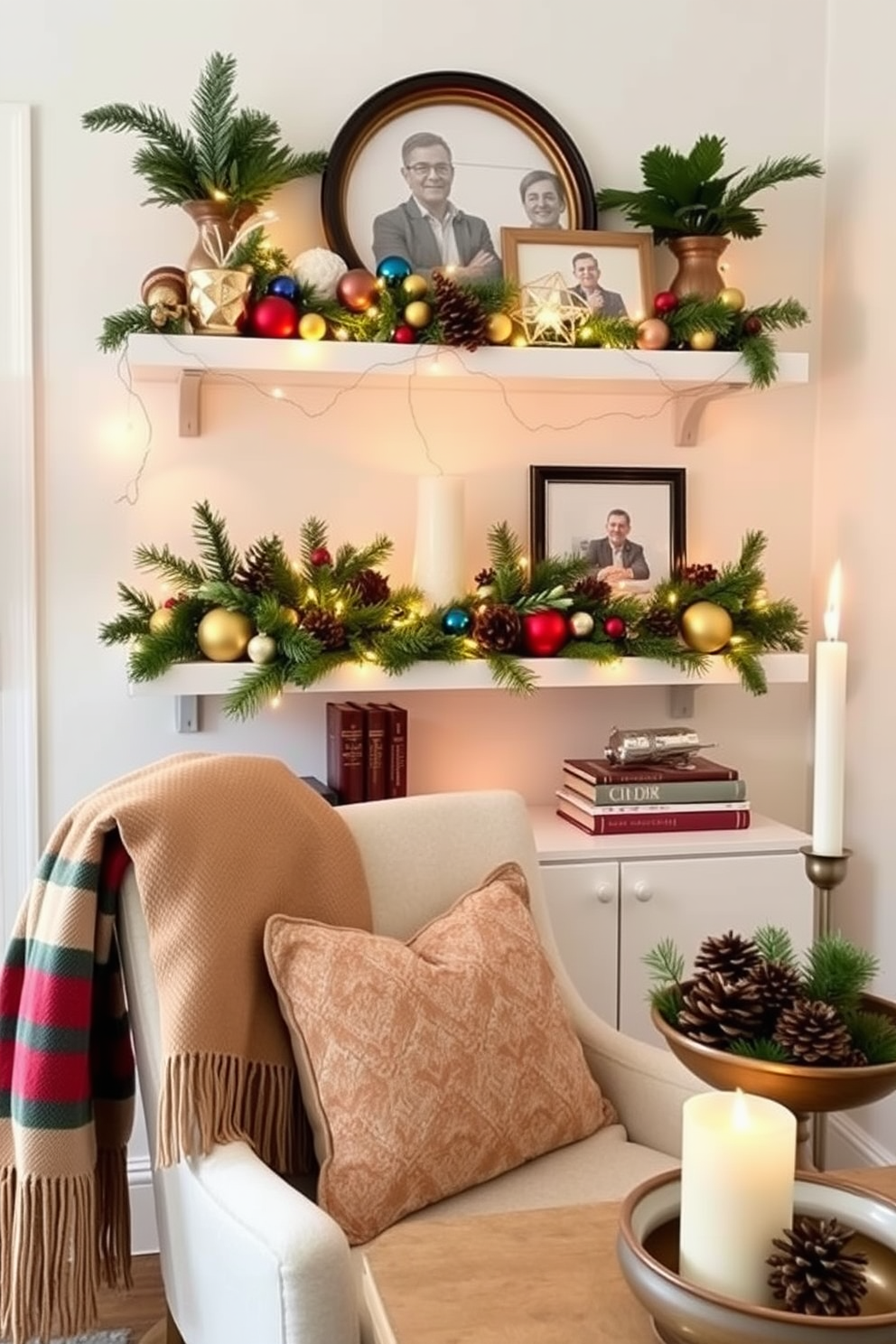 Create a festive vignette on shelves in a small living room. Incorporate a mix of colorful ornaments, twinkling fairy lights, and seasonal greenery to evoke a warm holiday spirit. Add a cozy throw blanket draped over a nearby chair and a few carefully arranged holiday-themed books. Finish the look with a decorative bowl filled with pinecones and a scented candle for a touch of elegance.