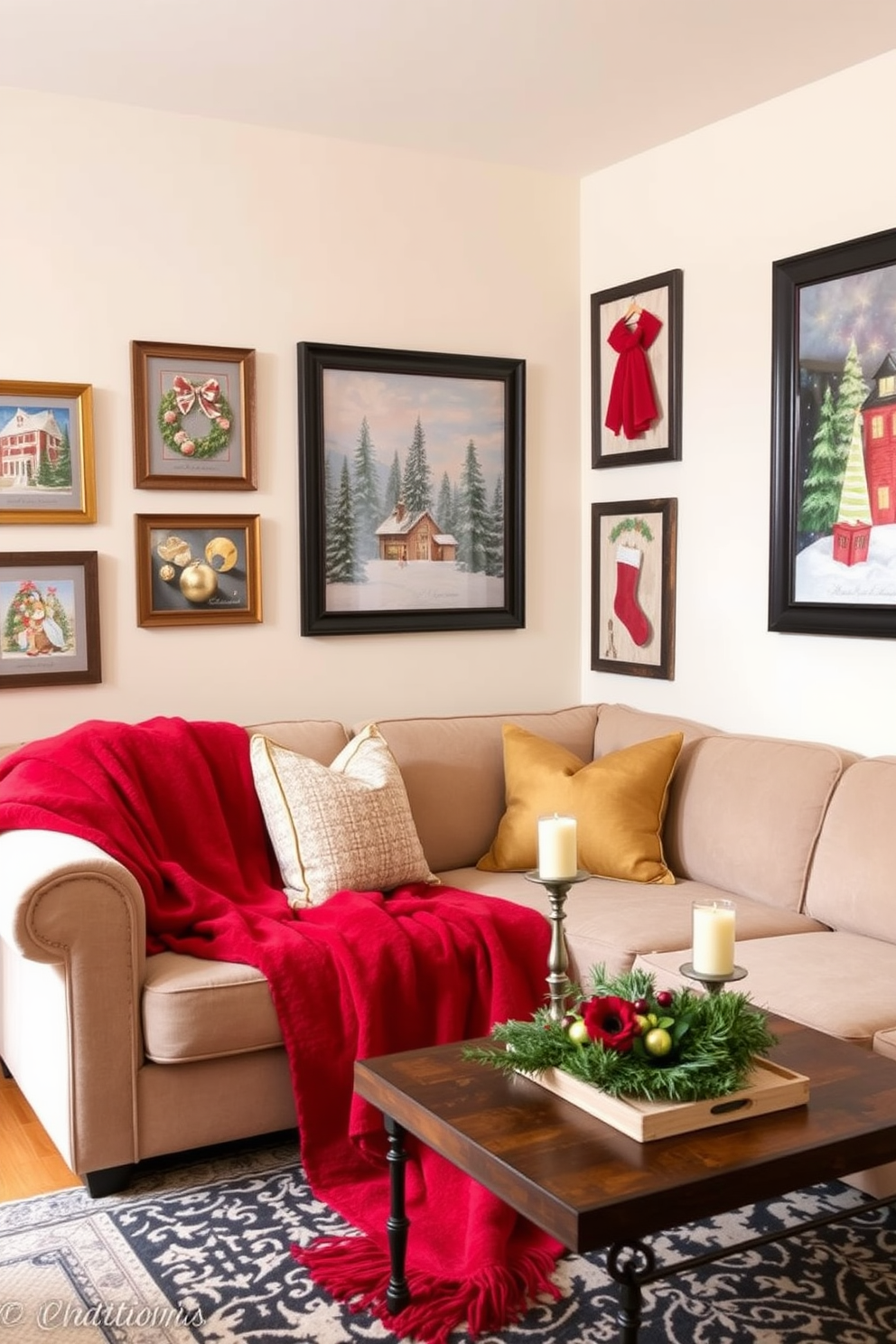 A cozy small living room adorned with holiday-themed artwork and prints. The walls are decorated with framed festive scenes featuring snow-covered landscapes and cheerful holiday motifs. A plush sofa is draped with a soft red throw blanket and accented with decorative pillows in green and gold. A small coffee table is topped with a festive centerpiece, featuring candles and seasonal greenery.