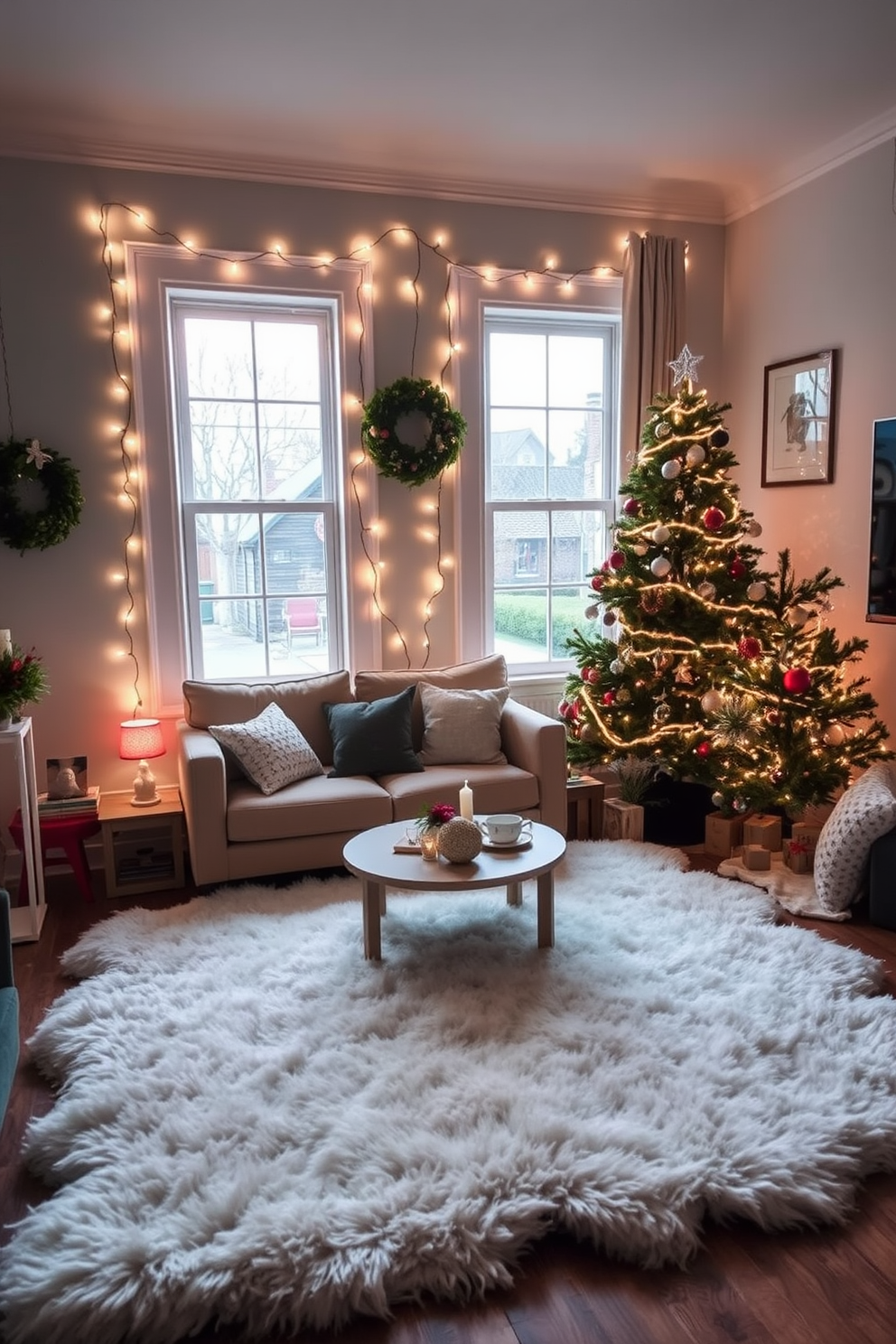 A cozy small living room decorated for Christmas features a plush faux fur rug that adds warmth underfoot. The space is adorned with twinkling fairy lights draped across the windows and a beautifully decorated tree in the corner, creating a festive atmosphere.