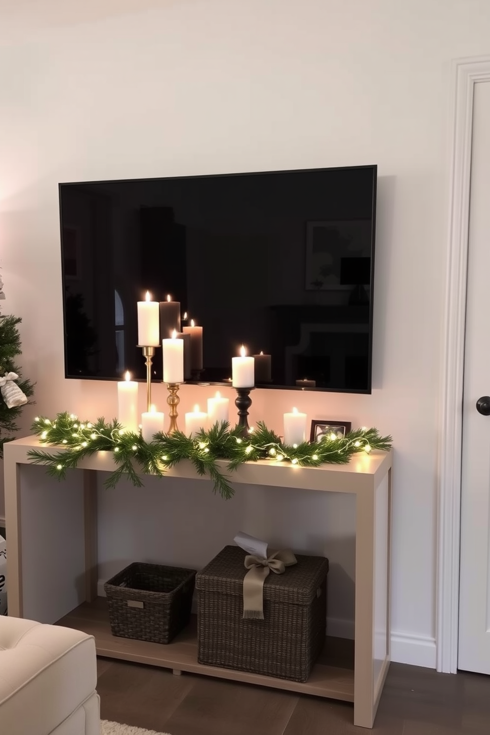 A stylish small living room decorated for Christmas features a sleek console table adorned with festive decorations. On the table, a collection of candles in varying heights creates a warm ambiance, complemented by a garland of pine and twinkling fairy lights.