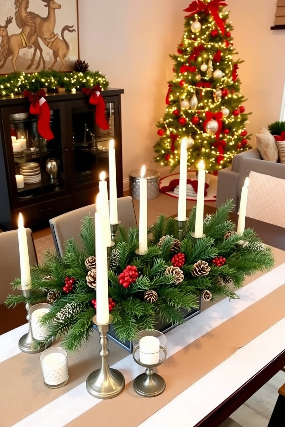 Create a stunning holiday centerpiece on the dining table featuring an arrangement of evergreen branches, pinecones, and red berries. Surround the centerpiece with elegant candles of varying heights to add a warm glow to the festive atmosphere. In a small living room, decorate with a beautifully adorned Christmas tree that showcases twinkling white lights and colorful ornaments. Incorporate cozy throw blankets and festive cushions on the sofa to enhance the inviting holiday spirit.