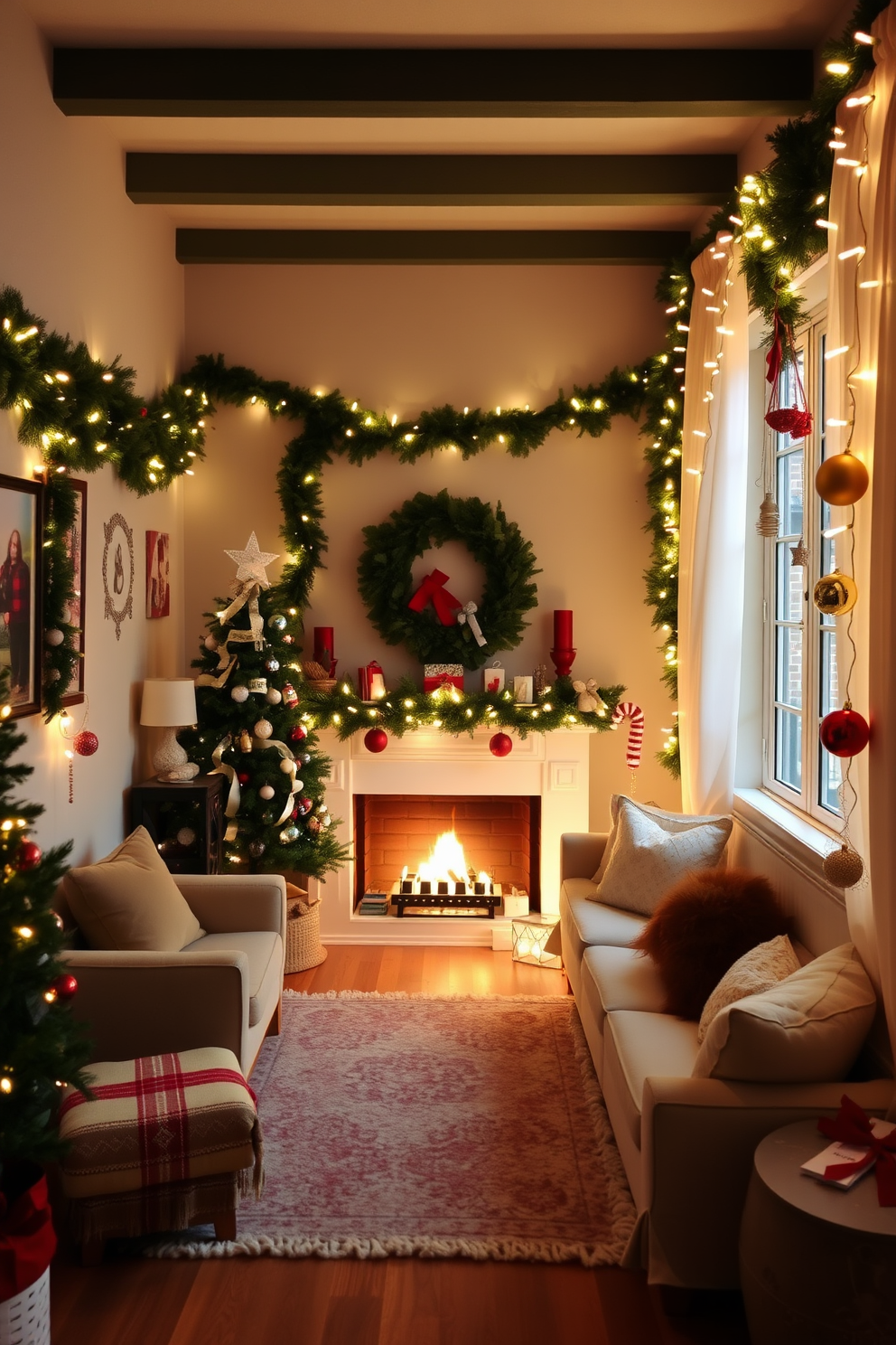 A cozy small living room adorned for Christmas. The focal point is a beautifully decorated tree in the corner, surrounded by wrapped gifts and twinkling lights. A festive wreath hangs on the door, welcoming guests with its vibrant colors and seasonal charm. Plush throw pillows in red and green are scattered across a comfortable sofa, creating an inviting atmosphere.