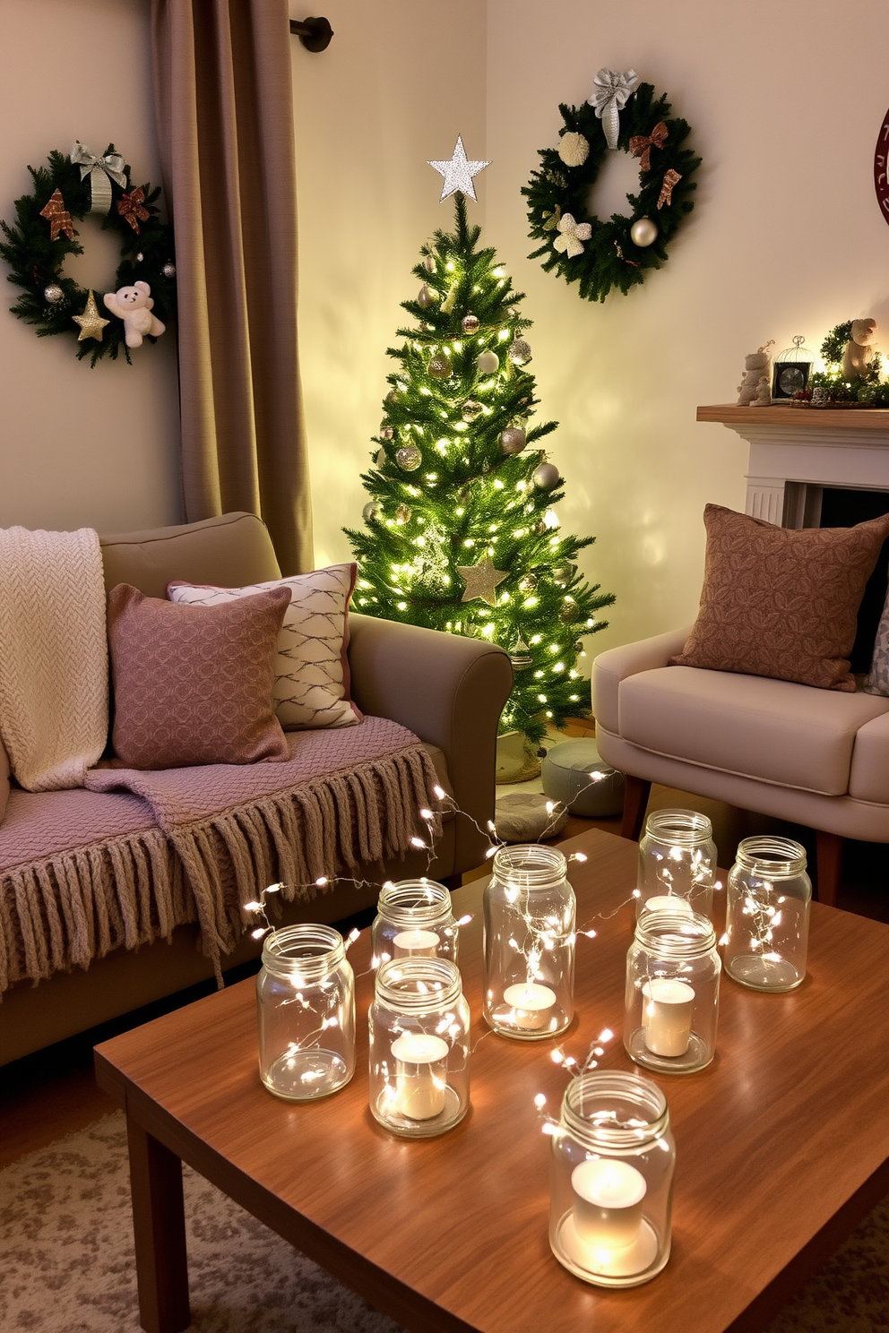 A cozy small living room adorned for Christmas features a plush sofa draped with a soft knit blanket. Twinkling fairy lights are creatively placed in glass jars scattered across the coffee table, casting a warm glow throughout the space. A beautifully decorated Christmas tree stands in the corner, adorned with delicate ornaments and topped with a shimmering star. Festive throw pillows and a seasonal wreath on the wall complete the inviting holiday atmosphere.