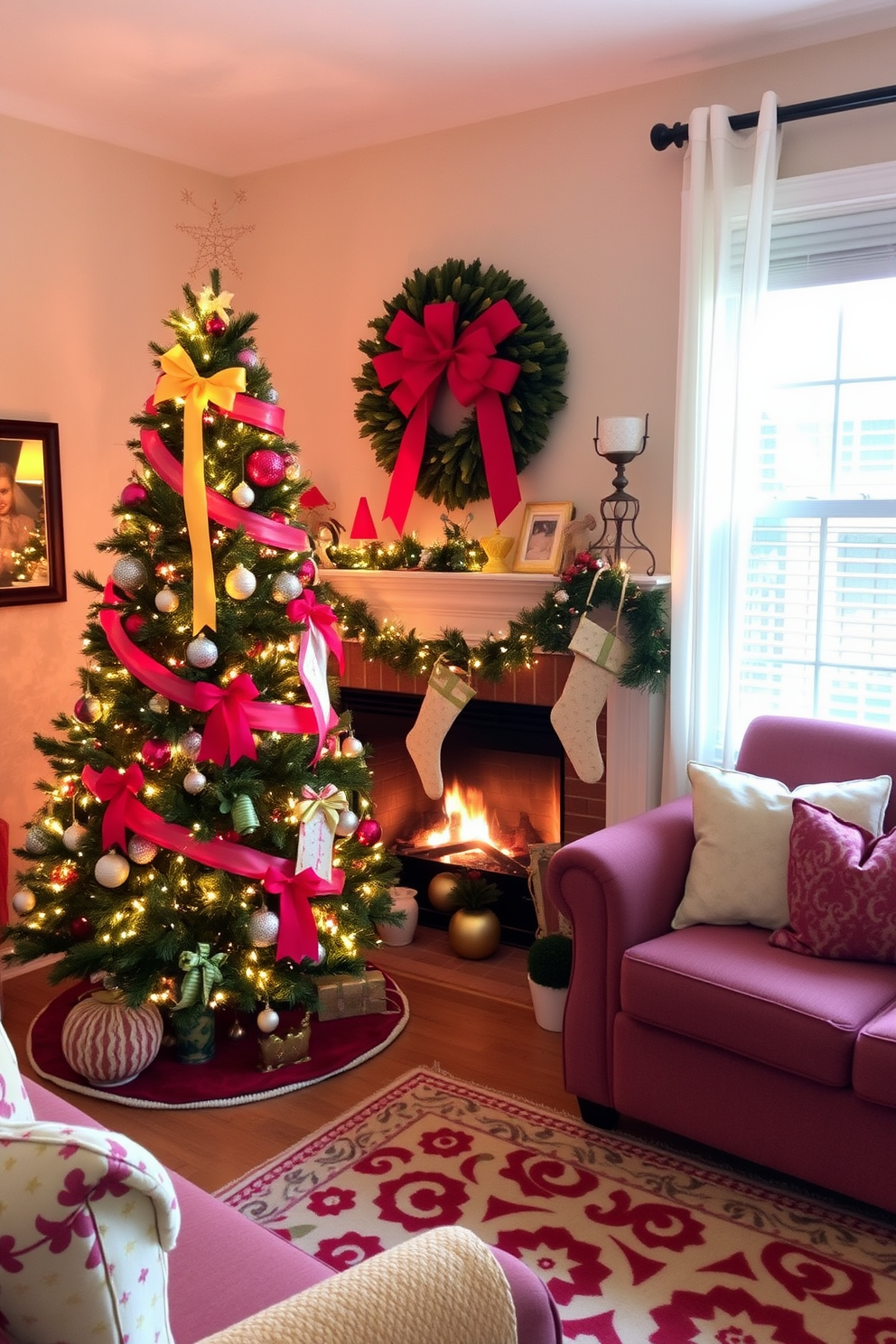 A cozy small living room adorned for Christmas. Colorful ribbons are used as accents on the tree and draped around the mantle, creating a festive atmosphere.