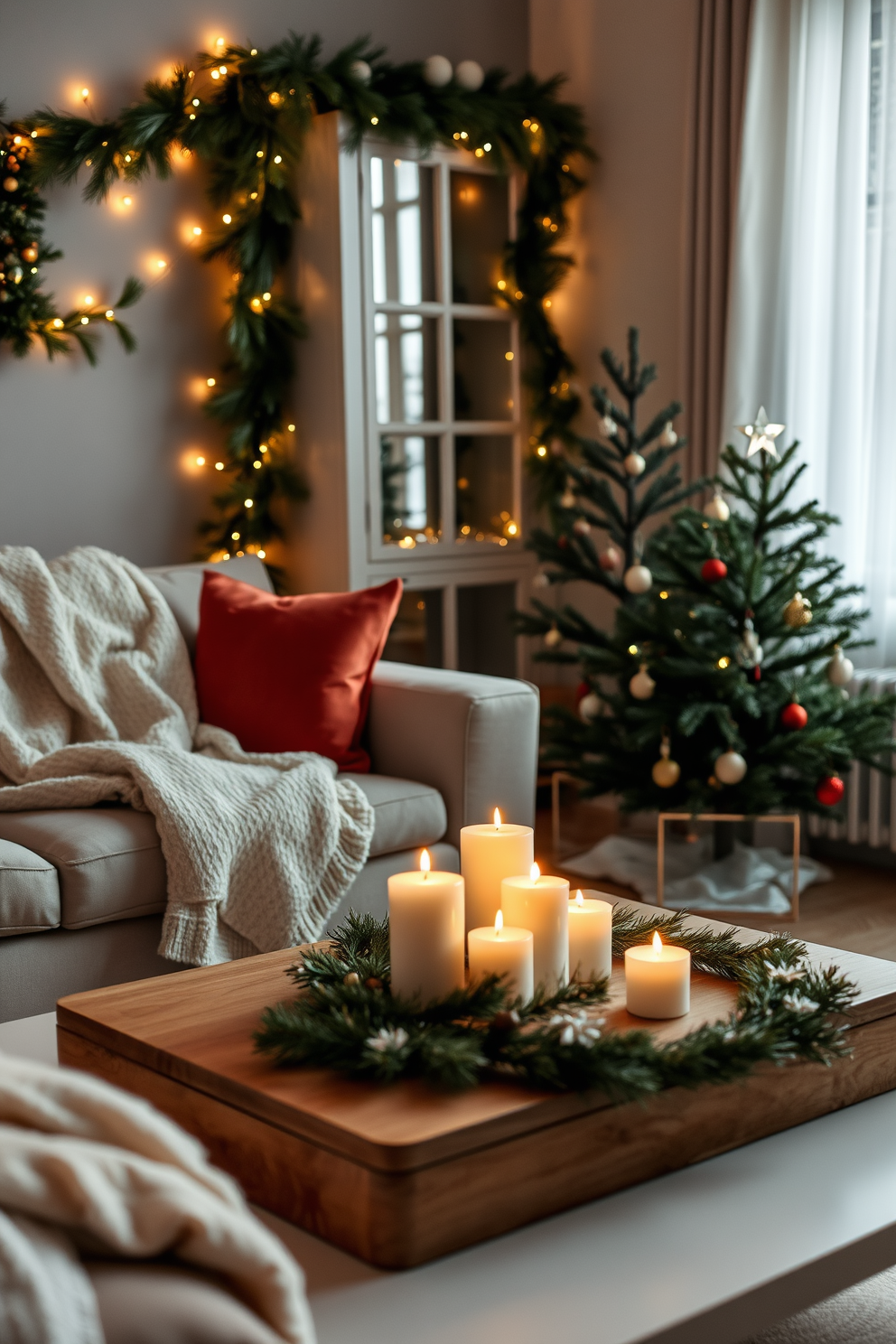 A cozy living room adorned for Christmas features a plush sofa draped with a soft throw blanket. On the coffee table, an array of festive candles in varying heights emit seasonal scents of pine and cinnamon. The walls are decorated with twinkling fairy lights and a garland of fresh greenery. A small Christmas tree stands in the corner, adorned with delicate ornaments and topped with a shimmering star.