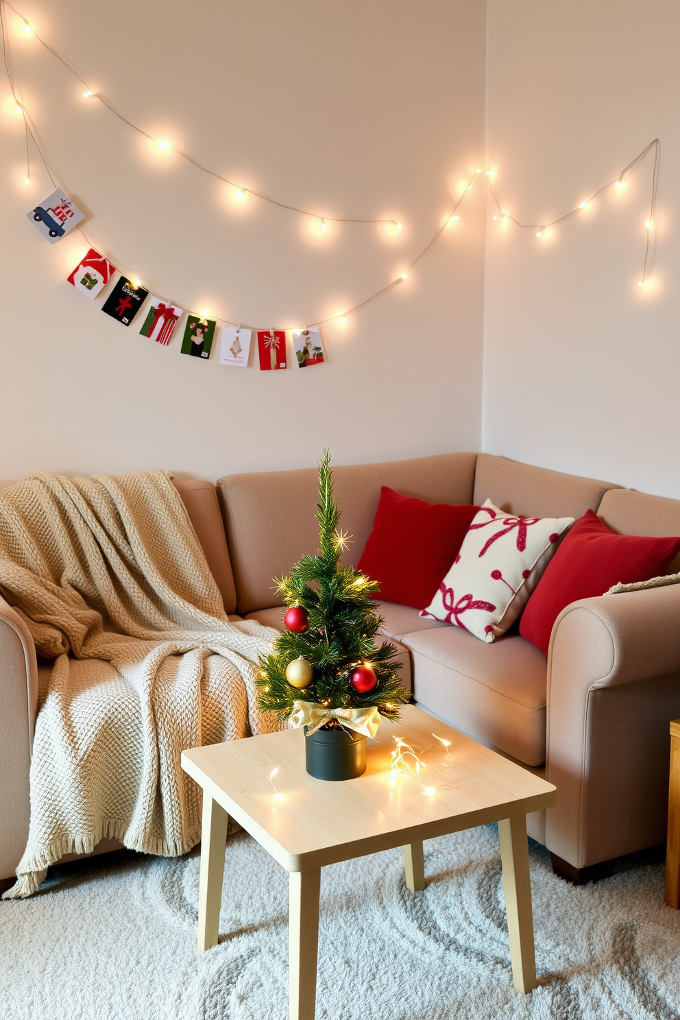 A cozy small living room adorned for the holidays. A string of colorful holiday cards is elegantly displayed across one wall, adding a festive touch to the space. The room features a plush sofa draped with a soft throw blanket and decorative pillows in seasonal colors. A small coffee table is decorated with a miniature Christmas tree and twinkling fairy lights, creating a warm and inviting atmosphere.