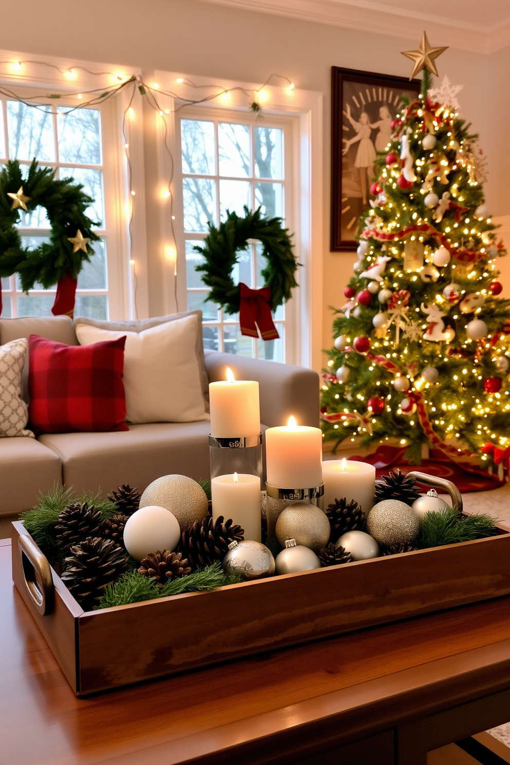 A cozy small living room adorned for Christmas features a decorative tray placed on a coffee table, showcasing an assortment of festive ornaments including pinecones, glittery baubles, and scented candles. The room is warmly lit with string lights draped around the windows, and a beautifully decorated Christmas tree stands in the corner, adding a touch of holiday cheer.