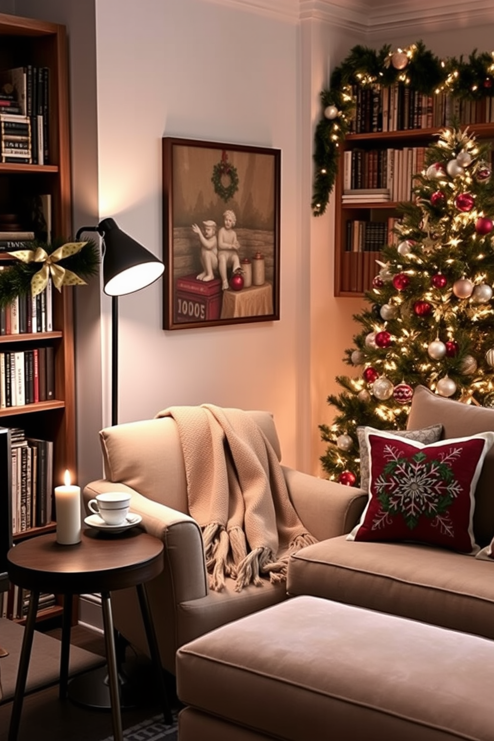 Create a cozy reading nook with decor. There is a plush armchair upholstered in soft fabric positioned next to a tall bookshelf filled with books and decorative items. A warm throw blanket is draped over the armchair, while a small side table holds a steaming cup of tea and a flickering candle. Soft ambient lighting from a nearby floor lamp creates an inviting atmosphere perfect for relaxation. Small Living Room Christmas Decorating Ideas. The room features a beautifully decorated Christmas tree adorned with twinkling lights and colorful ornaments in the corner. Festive garlands are draped across the mantelpiece, and decorative pillows with holiday motifs are placed on the sofa for a touch of seasonal cheer.