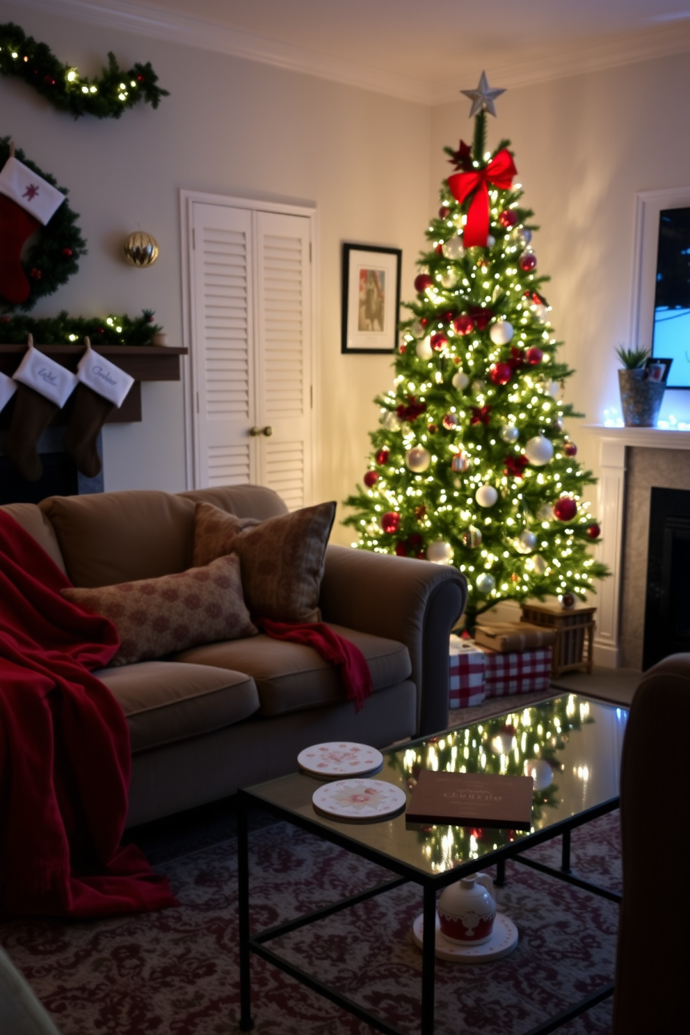 A cozy living room adorned for the Christmas season. The space features a plush sofa draped with a festive red throw, and a small coffee table set with themed coasters that showcase holiday motifs. A beautifully decorated Christmas tree stands in the corner, twinkling with warm white lights and colorful ornaments. Stockings hang from the mantel, and the room is filled with the scent of pine and cinnamon, creating a warm and inviting atmosphere.