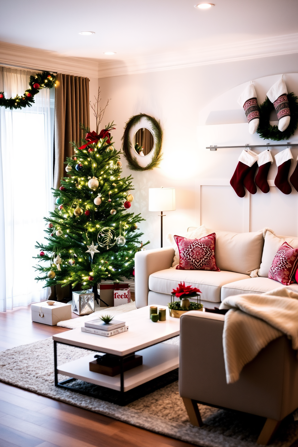 A cozy small living room adorned for Christmas features a plush red sofa with golden throw pillows. A sparkling silver tree stands in the corner, decorated with twinkling lights and metallic ornaments that reflect the warm glow of the fireplace. The coffee table is topped with a festive centerpiece of pinecones and candles in metallic holders. Stockings with shimmering gold accents hang from the mantle, completing the cheerful holiday atmosphere.