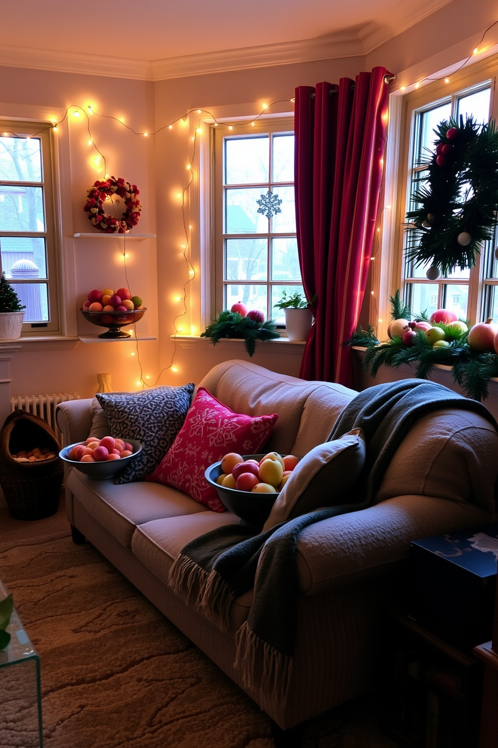 A cozy small living room adorned for Christmas with decorative bowls filled with seasonal fruit. The space features a plush sofa draped with a festive throw blanket, and twinkling fairy lights are strung across the windows.