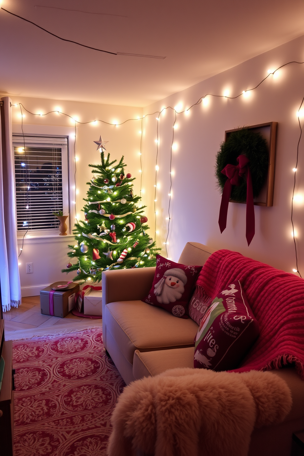 A cozy small living room adorned with twinkling fairy lights delicately draped across the window frames. The warm glow of the lights creates a festive atmosphere, complemented by a beautifully decorated Christmas tree in the corner.