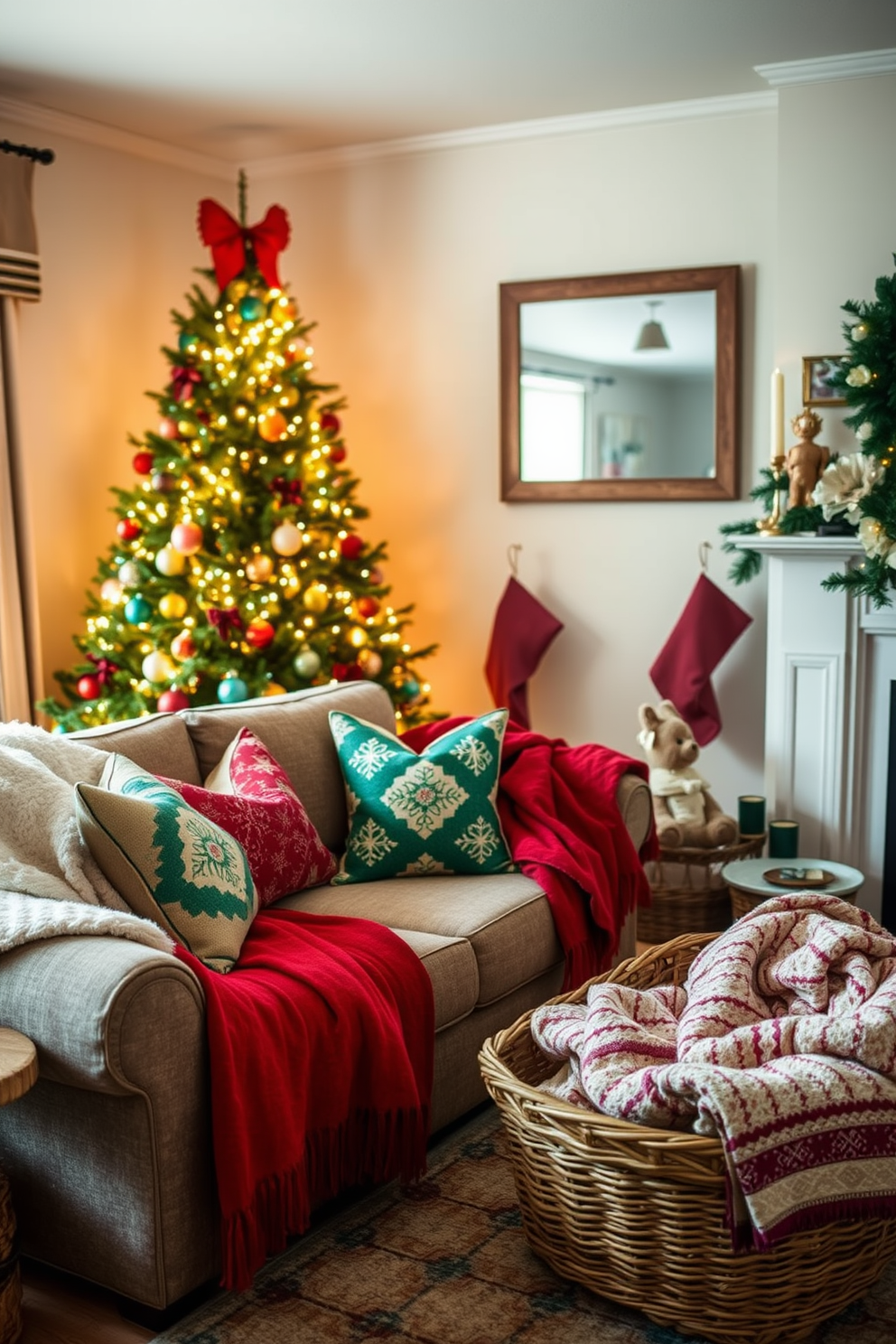 A cozy small living room adorned with festive textiles that create a warm atmosphere. Plush throw blankets in rich reds and greens are draped over a stylish sofa, while decorative pillows with holiday patterns add a cheerful touch. A beautifully decorated Christmas tree stands in the corner, twinkling with soft white lights and colorful ornaments. A woven basket filled with cozy blankets sits beside the fireplace, inviting guests to snuggle up and enjoy the festive ambiance.