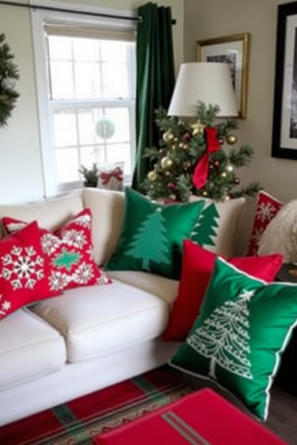 A cozy small living room adorned with festive throw pillows in various shades of red and green. The pillows feature patterns of snowflakes and Christmas trees, adding a cheerful touch to the space.