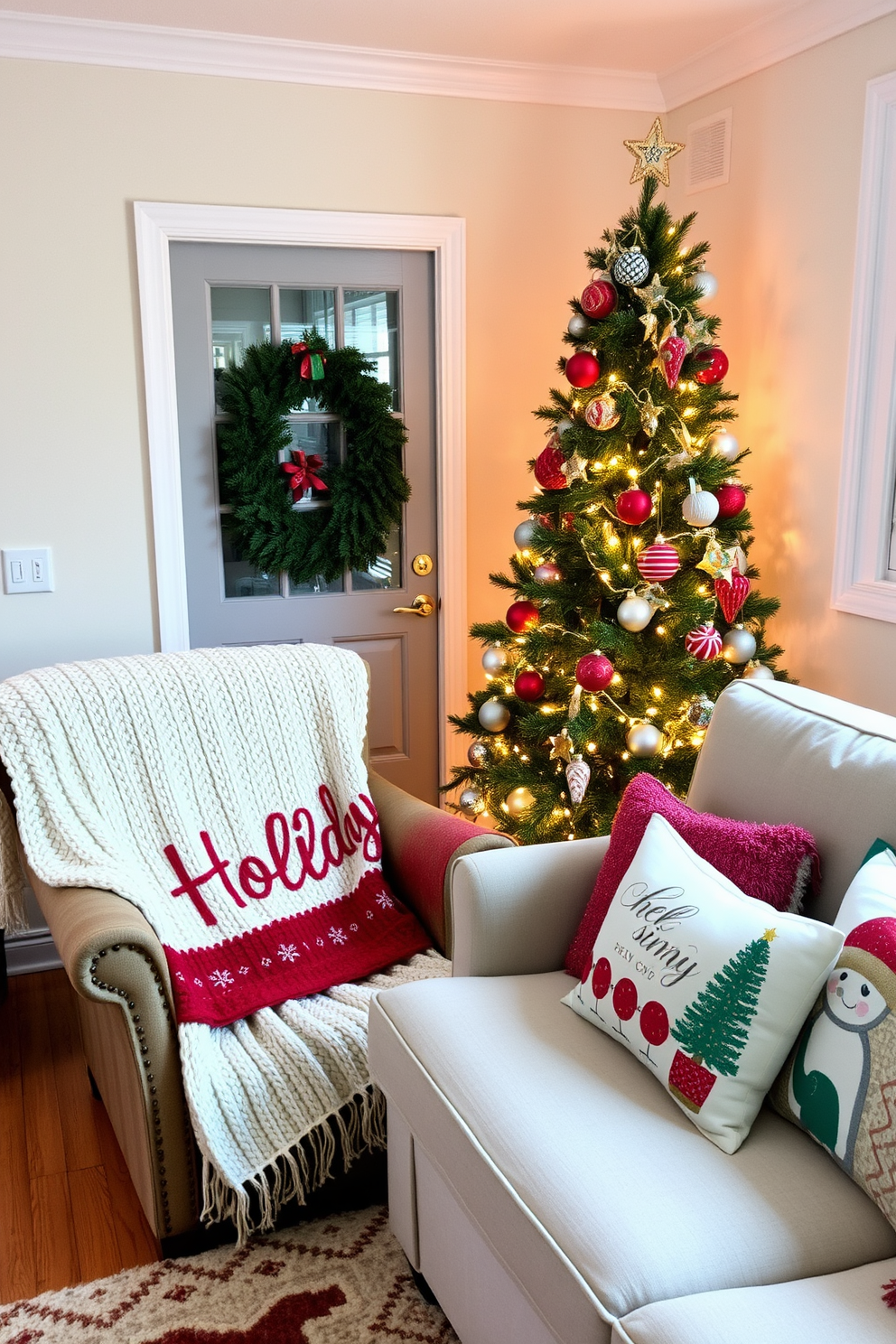 A cozy small living room decorated for the holidays. A soft, knitted holiday blanket is draped over a plush armchair, creating an inviting atmosphere. A beautifully adorned Christmas tree stands in the corner, twinkling with warm white lights and colorful ornaments. Festive throw pillows with holiday motifs are arranged on a comfortable sofa, enhancing the seasonal charm.